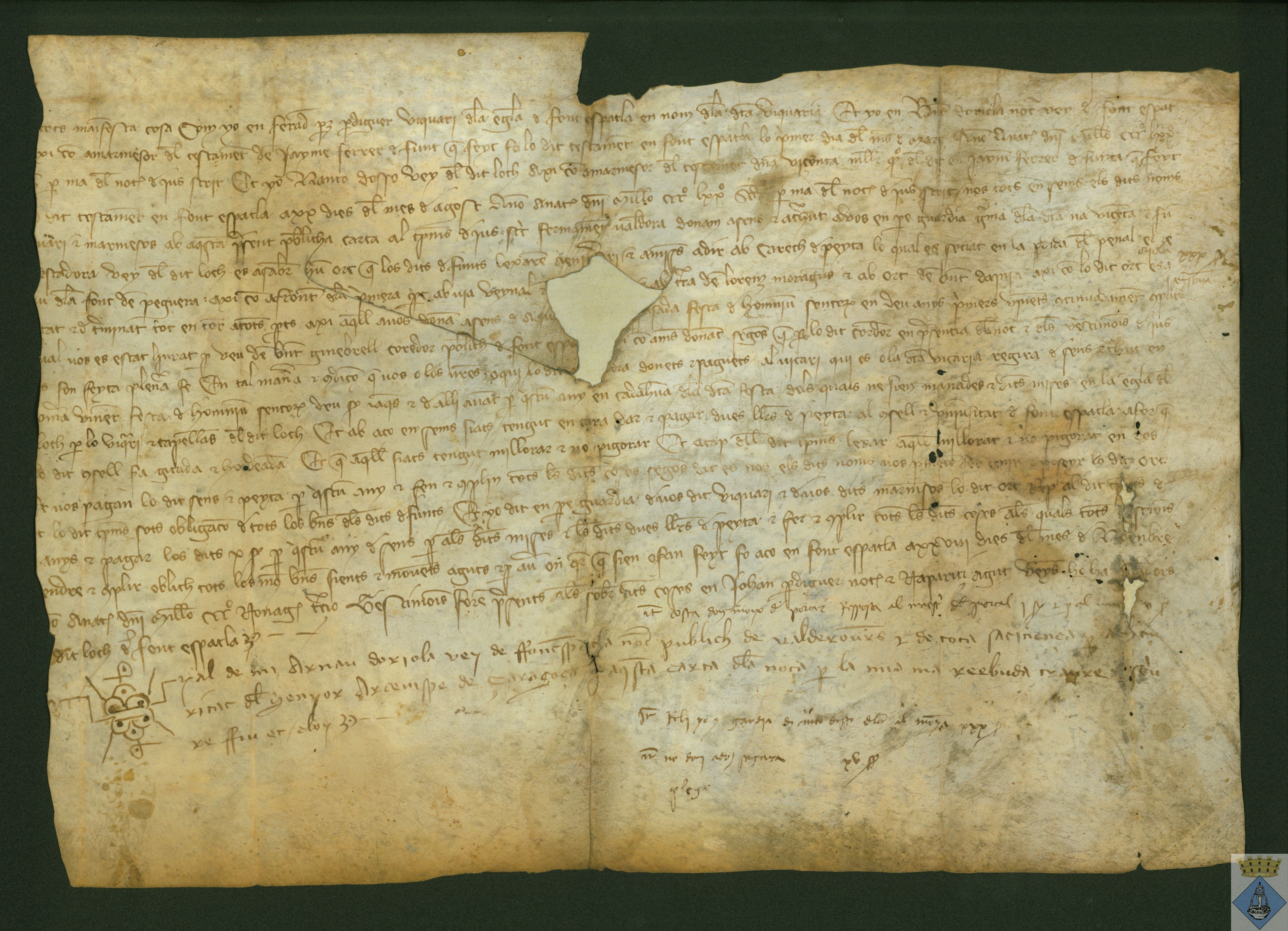 Carta del vicario Ferrando Pérez Perdiguer, vicario de Fuentespalda, y Arnal de Orihuela, notario, sobre el testamento de Jaime Ferrer y su mujer