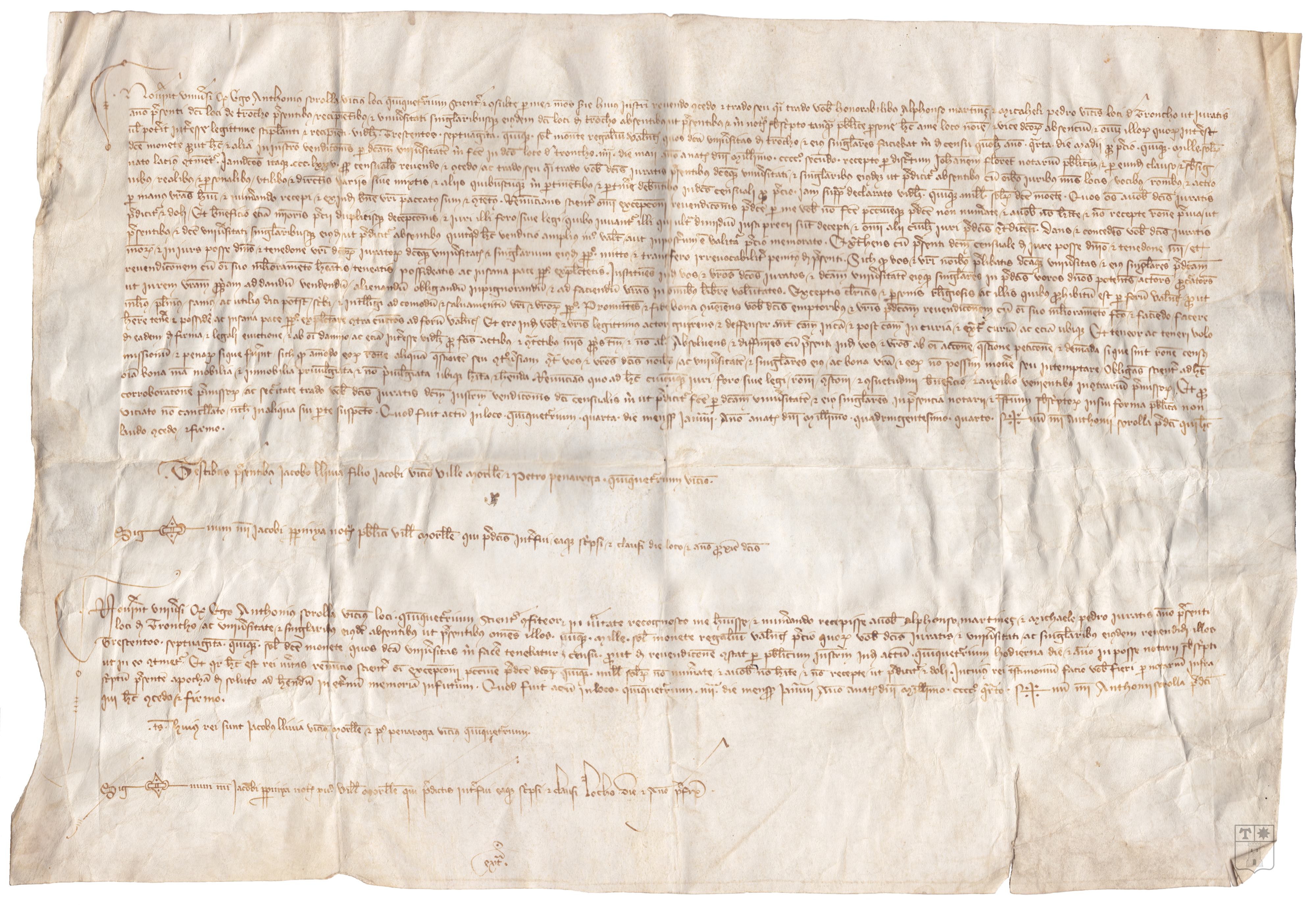 Antón de Sorolla, vecino de Cinctorres, otorga al concejo de Tronchón la luición de un censal de 375 sueldos jaqueses de renta anual, a cambio de los 5.000 de propiedad del censal, de cuyo pago se incluye un ápoca.