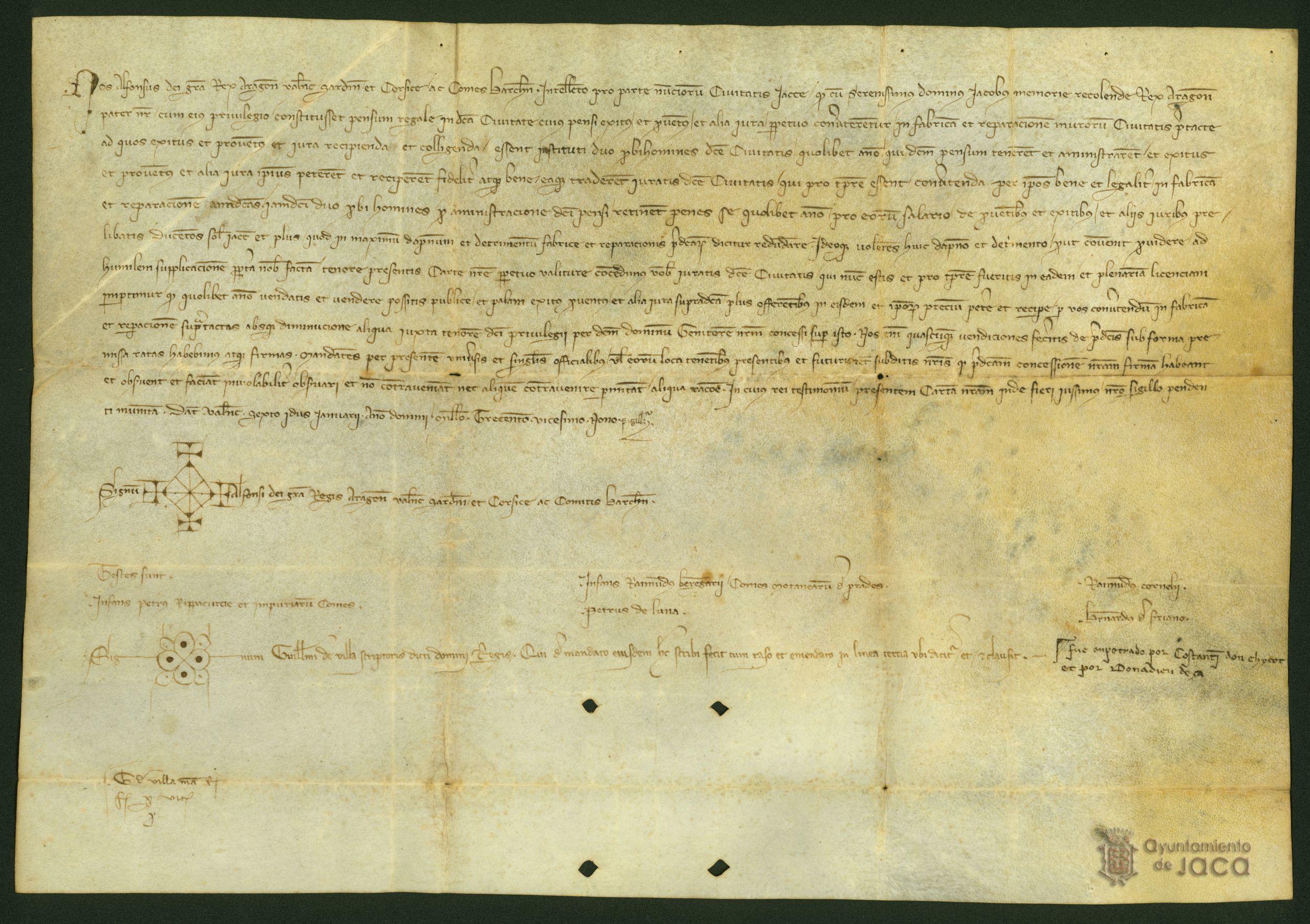 Alfonso IV de Aragón concede a los ciudadanos de Jaca que puedan subastar anualmente la percepción del cobro del impuesto del peso, para la reparación de los muros de la ciudad.