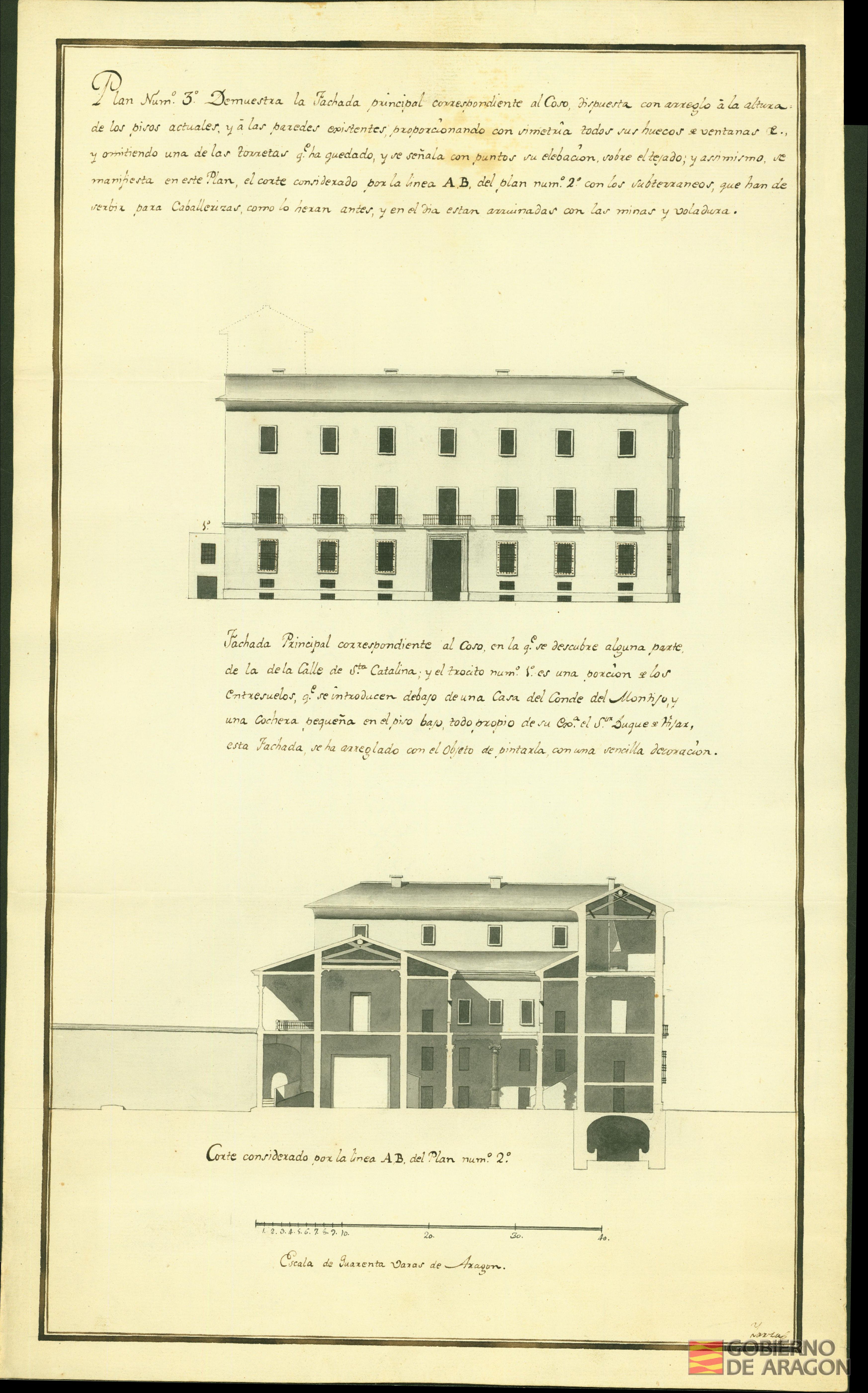Plano nº 3 Demuestra la fachada principal y sección de la casa-palacio del conde de Aranda, correspondiente a la calle del Coso y corte de la misma. Firmado: Yarza. Zaragoza