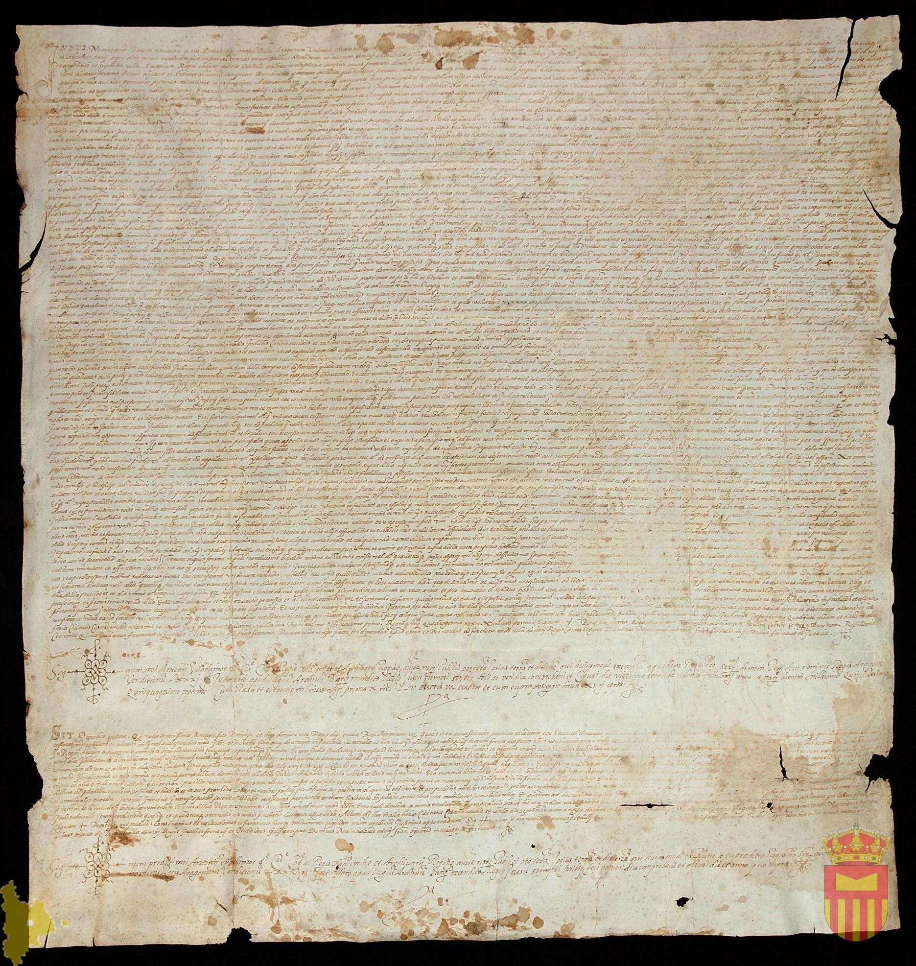 Traslado notarial de Antonio Viladamor del privilegio de Pedro IV por el que vende a Manuel de Entença Pozán de Vero, Castejón de Sobrarbe, Adahuesca y Sevil en 29 de julio de 1381 por precio de 8000 florines.