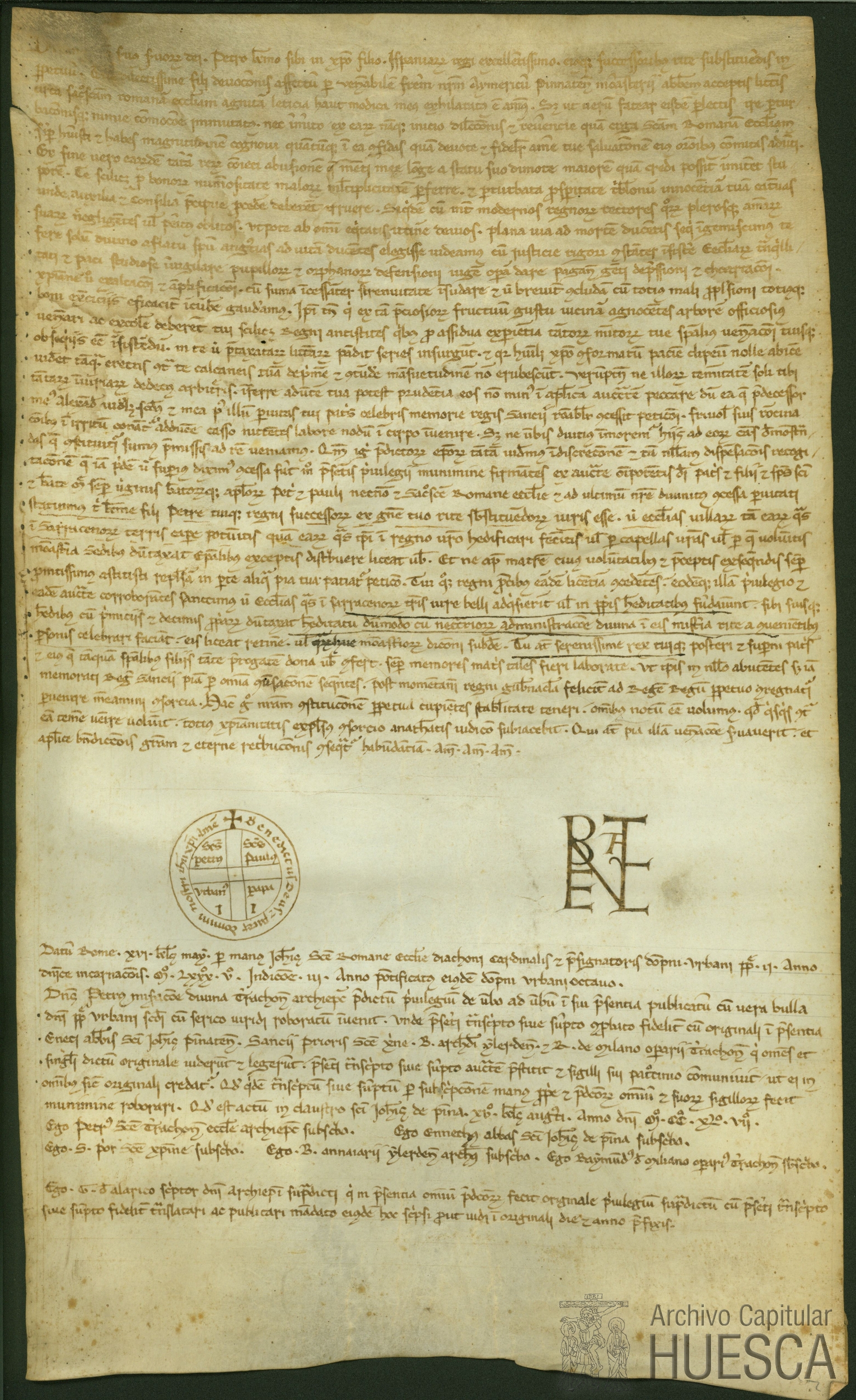 El paña Urbano II faculta a Pedro I, rey de las Españas, y a los próceres de su reino para distribuir las iglesias que adquirieren por derecho de conquista en territorio árabe, menos las sedes episcopales, y las que edificaren a título de heredad