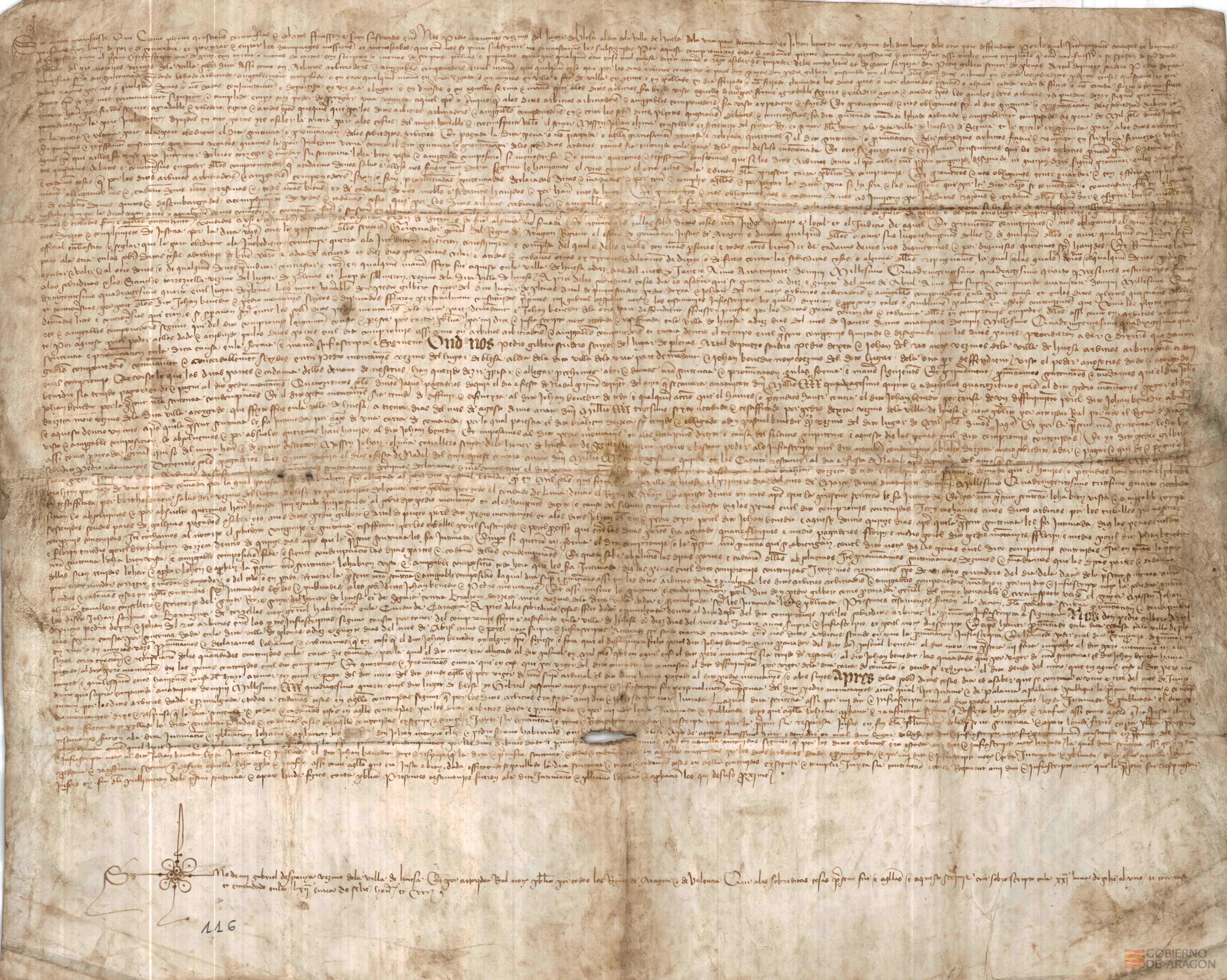 Acto de concordia entre Pedro Montañés y Juan Benedit,notarios,vecinos de Blesa,hecha por los árbitros D.Pedro Gilbert,escudero,señor de Plenas y otros,vecinos de Huesa,sobre las diferencias que tenían entre ambos