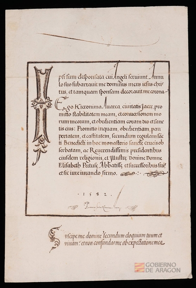 Carta de profesión de Jerónima Abarca, de la ciudad de Jaca, en el monasterio de Santa Cruz de Jaca