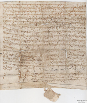 Notificación a los oficiales, cobradores y lezdarios reales de la inmunidad otorgada a los habitantes de Roda, transcribiendo literalmente el privilegio de Pedro II y mencionando el de Carlos I. Está firmado por Pedro Agustín, prior de Roda