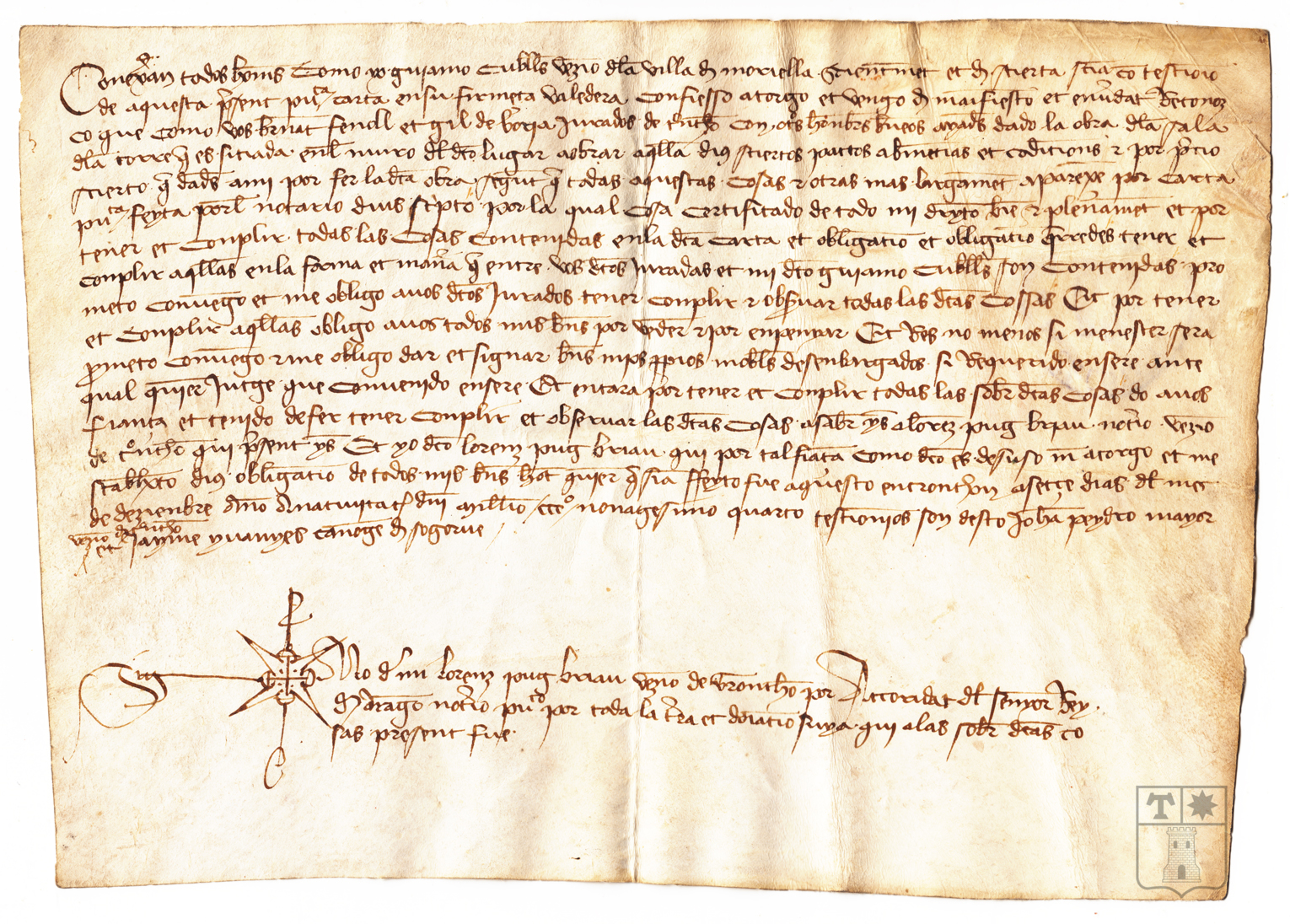 Carta de obligación de Guiamo Cubells, de Morella, con el Concejo de Tronchón para la construcción de la sala de la torre