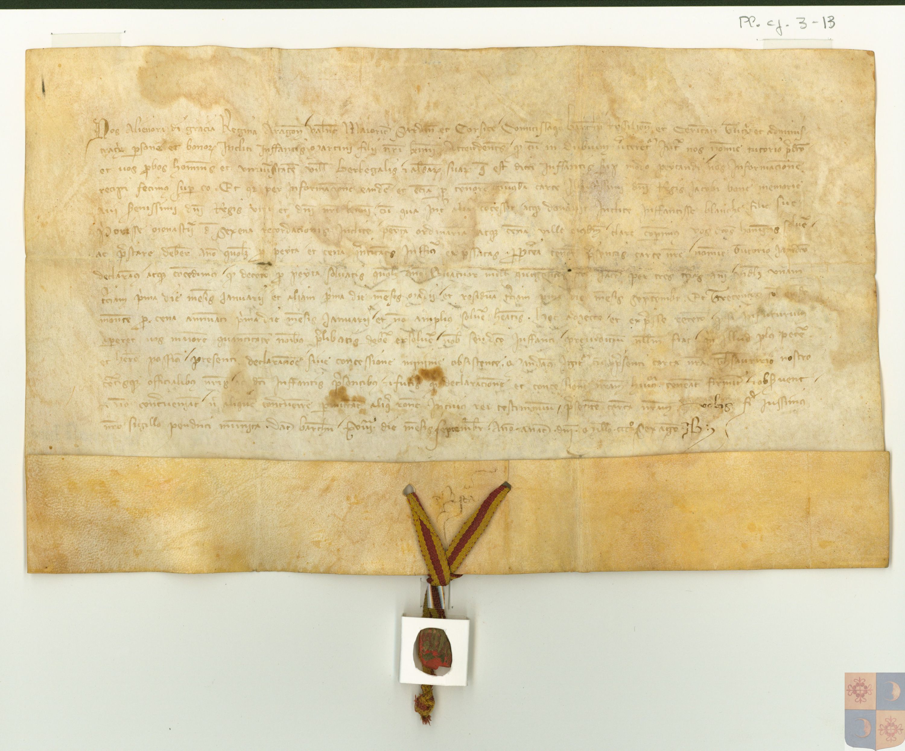 Privilegio otorgado por la reina Leonor, madre del infante Martín, a la villa de Berbegal.