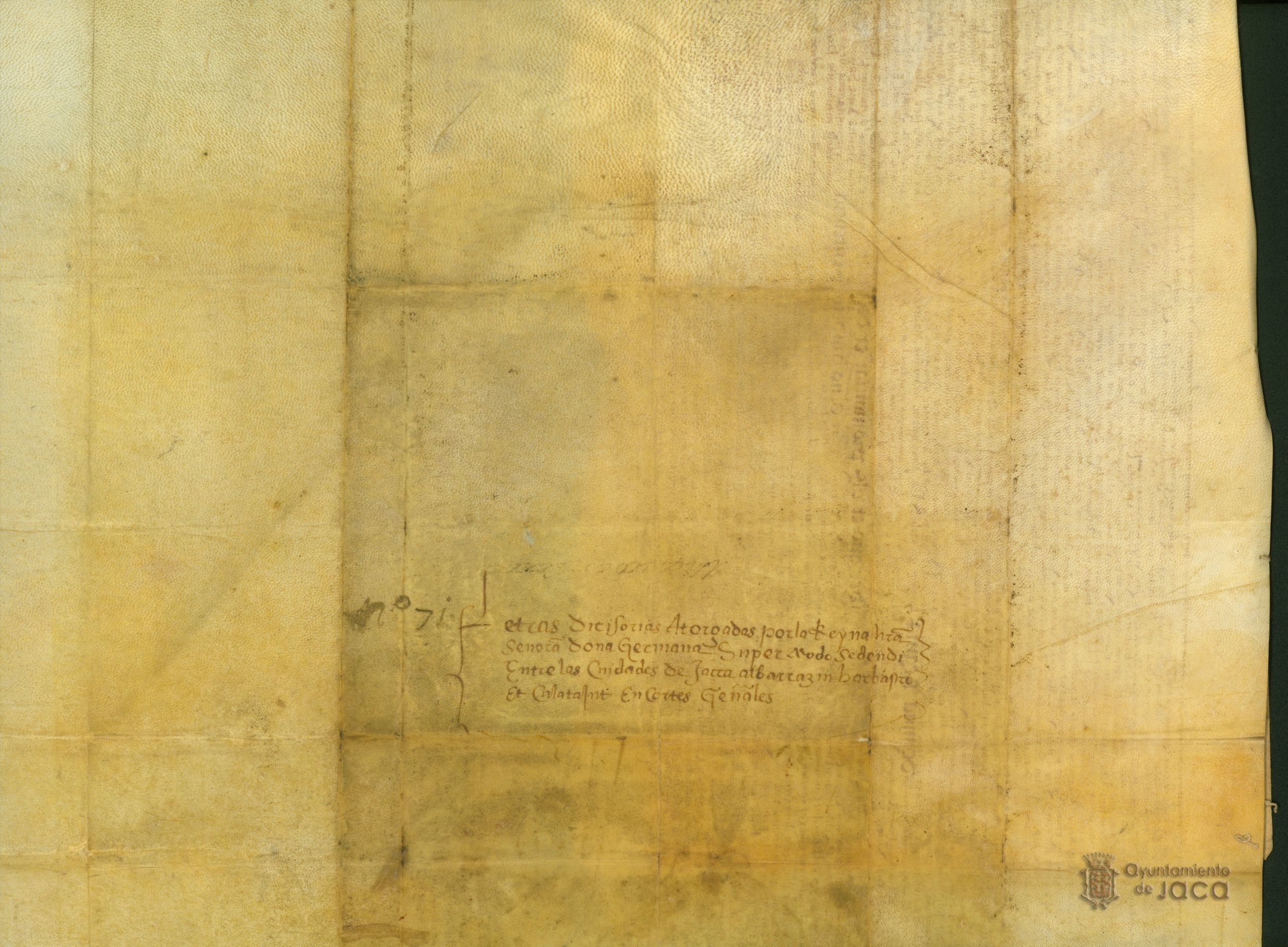 Sentencia de la reina Germana de Foix sobre un conflicto entre Jaca, Barbastro y Monzón, por un lado, y Calatayud por el otro, en relación con los asientos en las Cortes.