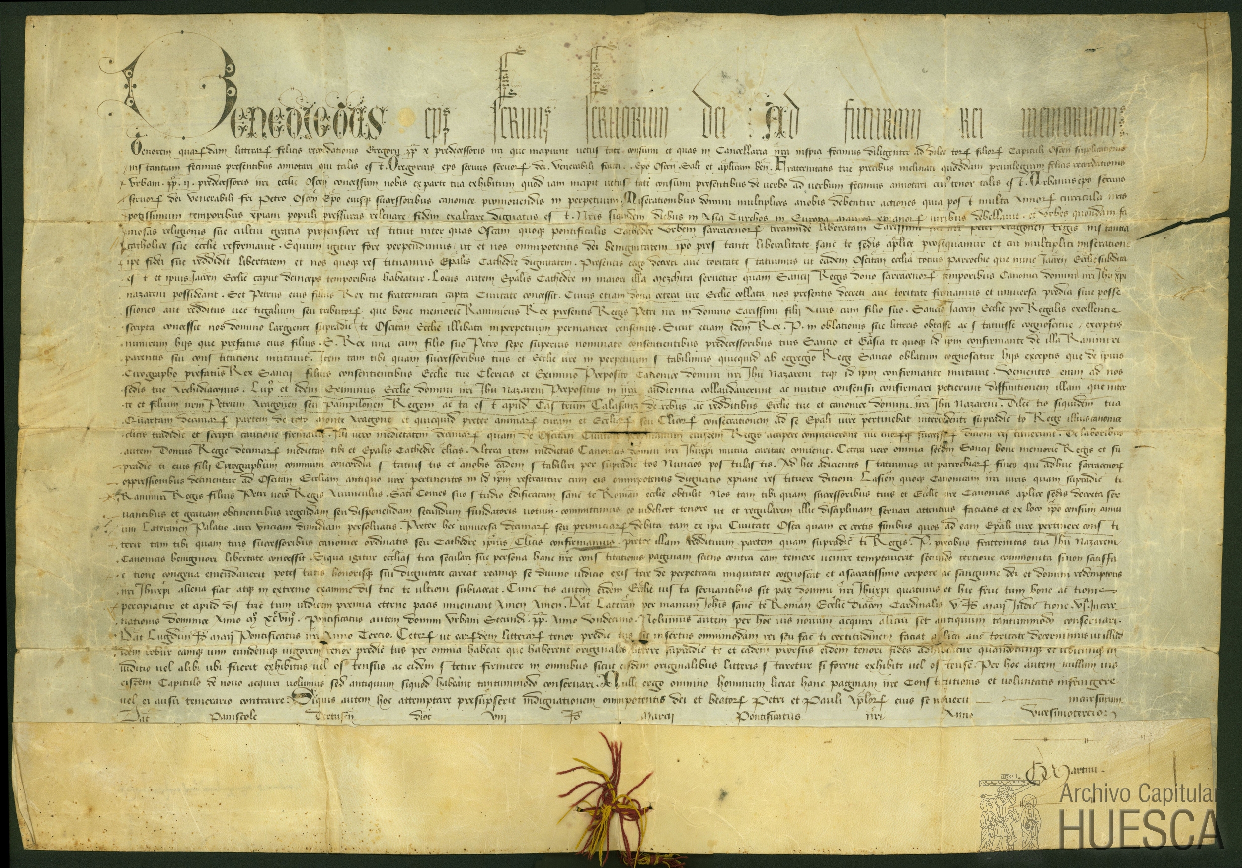 El papa Urbano II establece que la iglesia de Jaca y su diócesis dependan en delante de la de Huesca, confirma la donación de la mezquita para catedral, hecha por Pedro I, y el convenio sobre la precepción de los diezmos de Huesca entre el obispo Pedro y Jimeno, prepósito de Montearagón, y encomienda el régimen de la canónica de Lasieso al obispo y canónigos oscenses