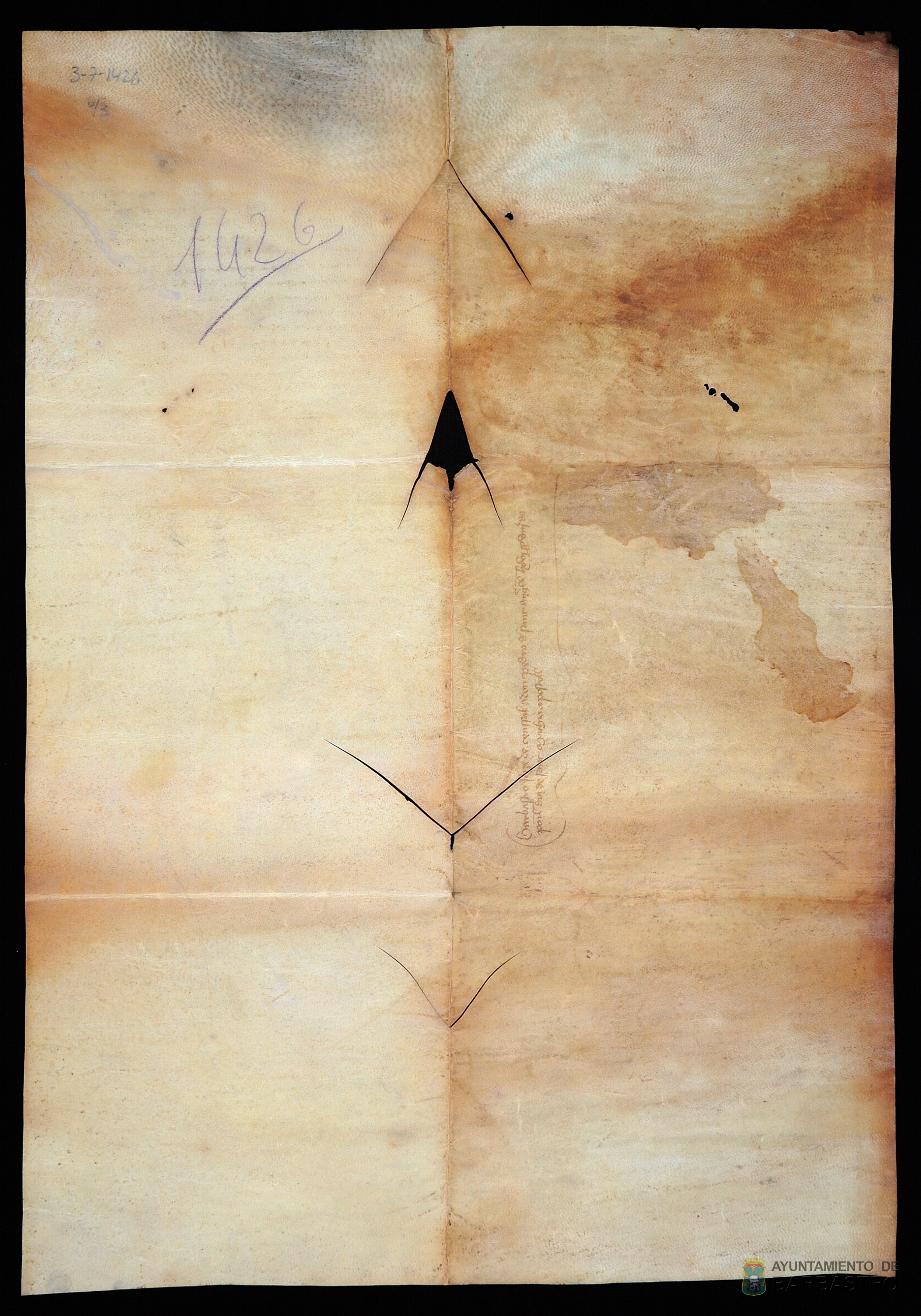 Censal cargado sobre la ciudad de Barbastro de 66 sueldos jaqueses de pension anual por precio de 1.000 sueldos jaqueses vendido por Juan Bernat, habitante de Barbastro, a Pedro de Santangel, mercader habitante de dicha ciudad.