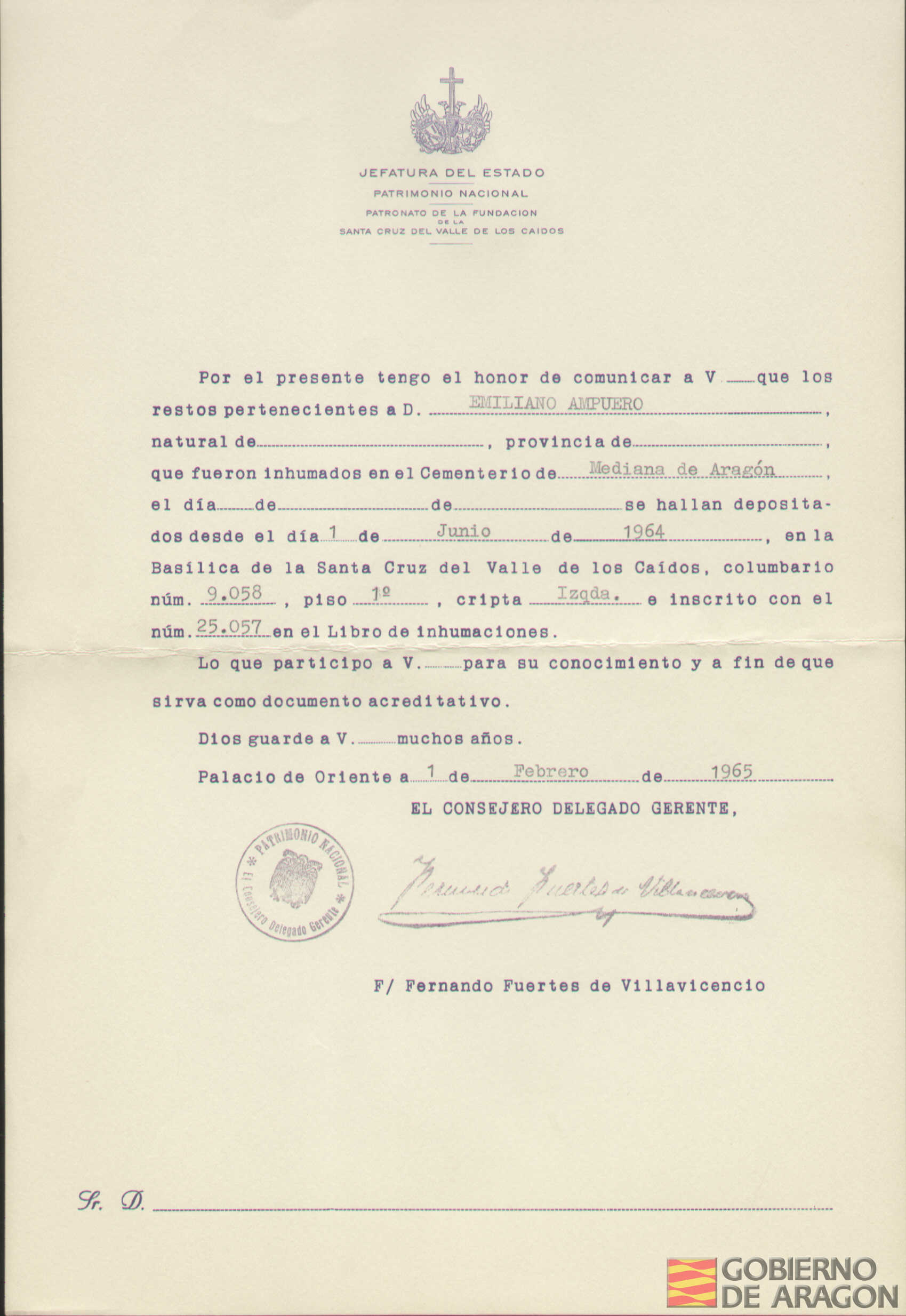 Traslado al Valle de los Caídos de los restos mortales de Emiliano Ampuero el día 1 de junio de 1964