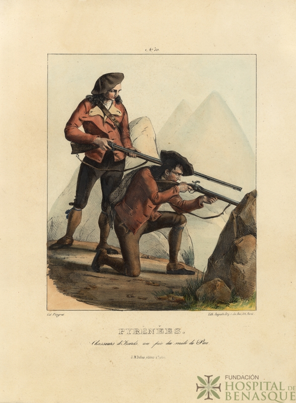 "Nº 10. Pyrénées. Chasseurs d'izards au Pic du Midi de Pau. Ed. Pingret. J. M. Duford, èditeur à Tarbes. Lith. Auguste Bry, r. du Bac, 114, Paris."