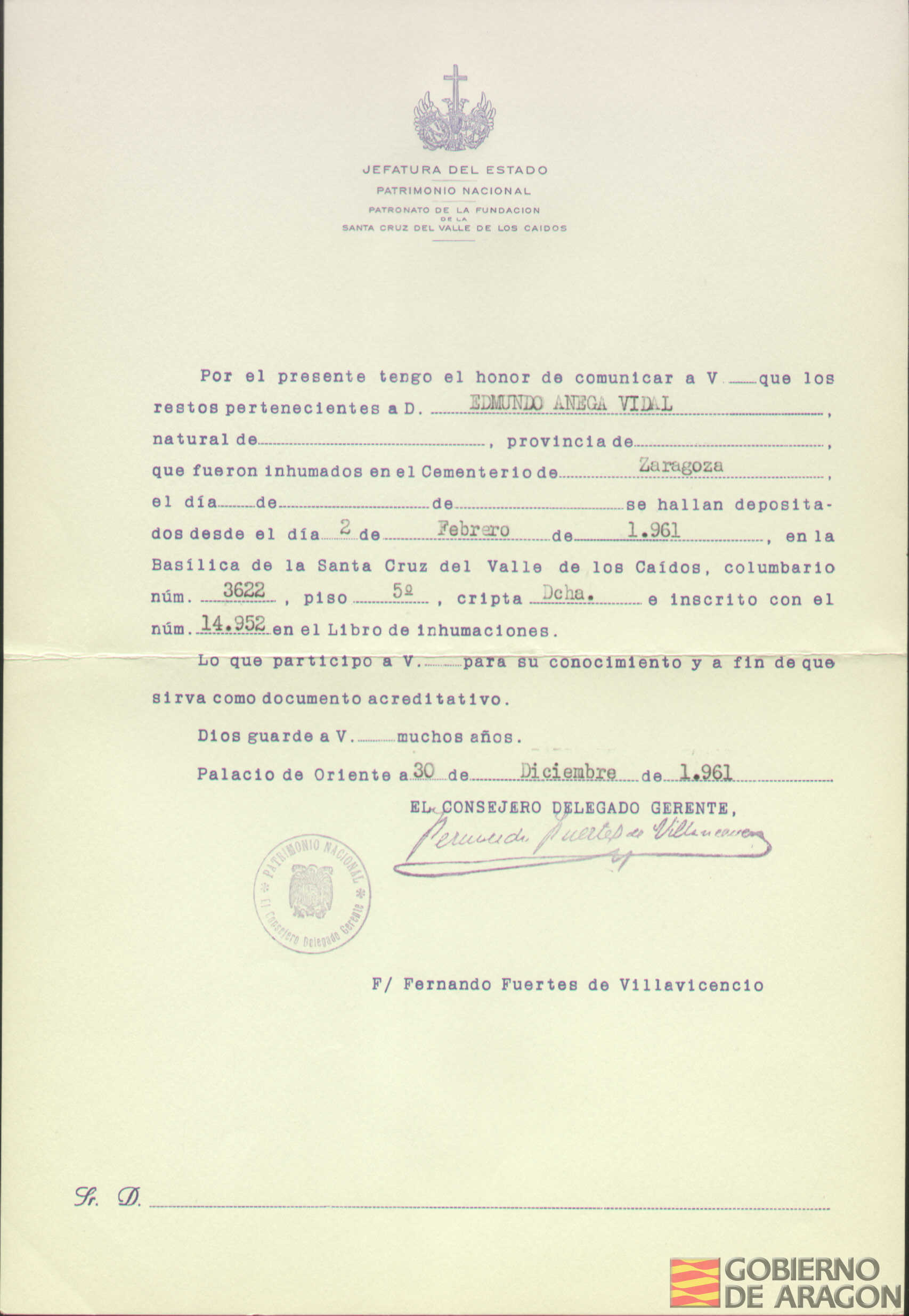 Traslado al Valle de los Caídos de los restos mortales de Edmundo Anega Vidal el día 2 de febrero de 1961