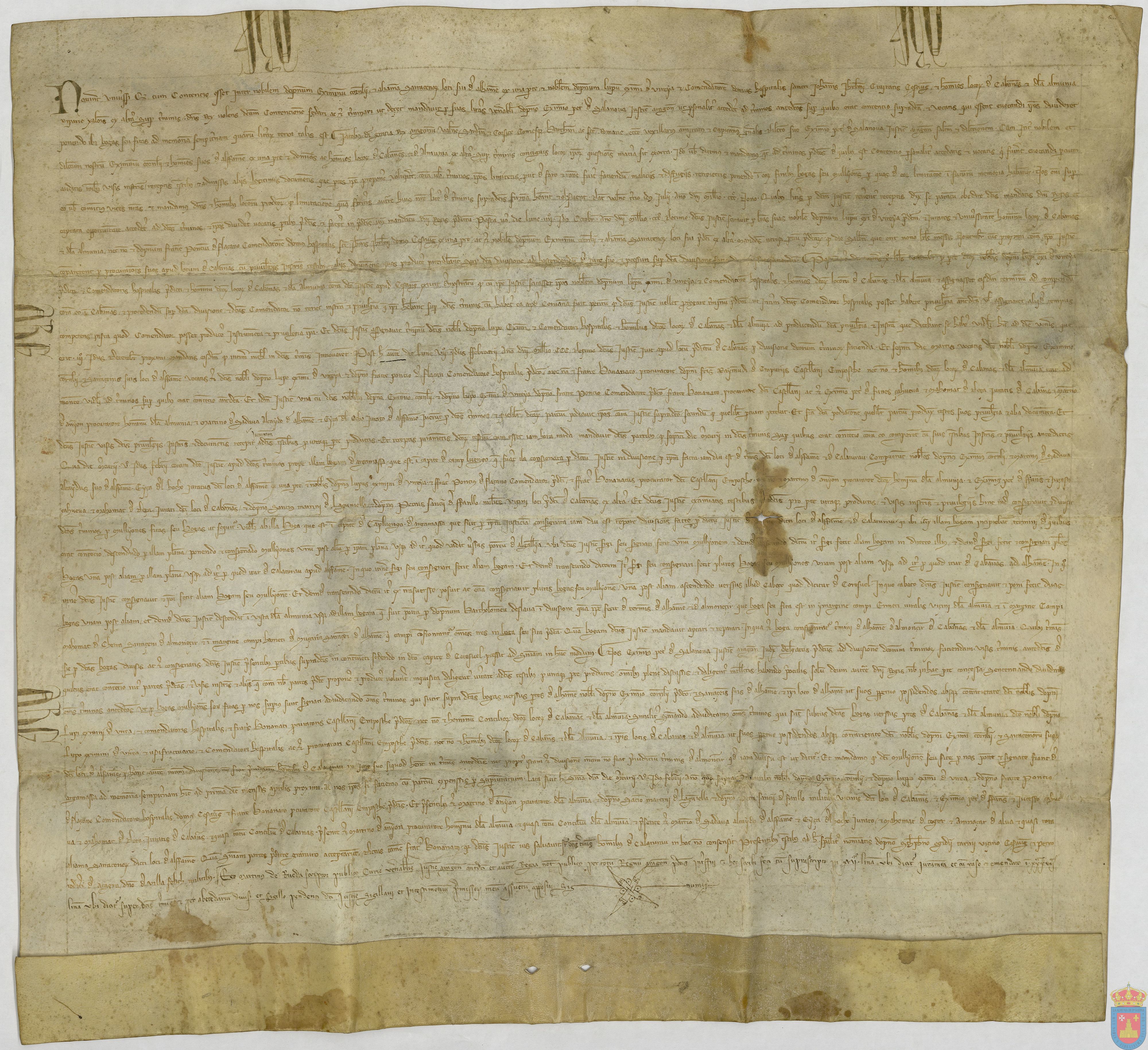Sentencia dada por el Justicia de Aragón, Ximéno Pérez de Salanova, sobre la mojonación de La Almunia y Cabañas, y Alfamén, a petición de Ximeno Cornel y la Aljama de sarracenos de Alfamén, y López Ximénez de Urrea, comendador de la Orden de San Juan.