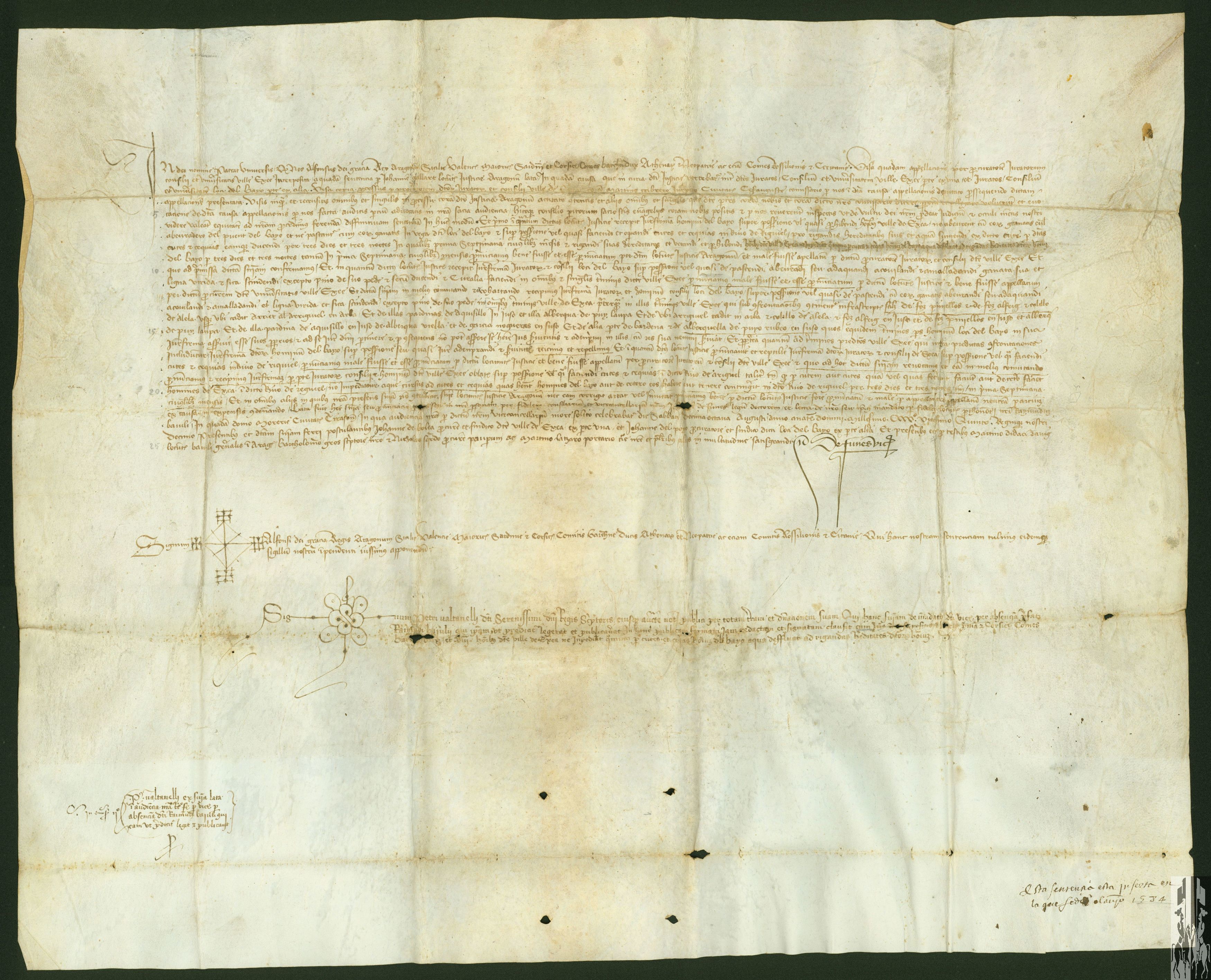 Alonso V, rey de Aragón, dicta una sentencia definitiva en la causa existente entre los concejos de Ejea y El Bayo acerca de los aprovechamientos de las aguas del río Riguel.