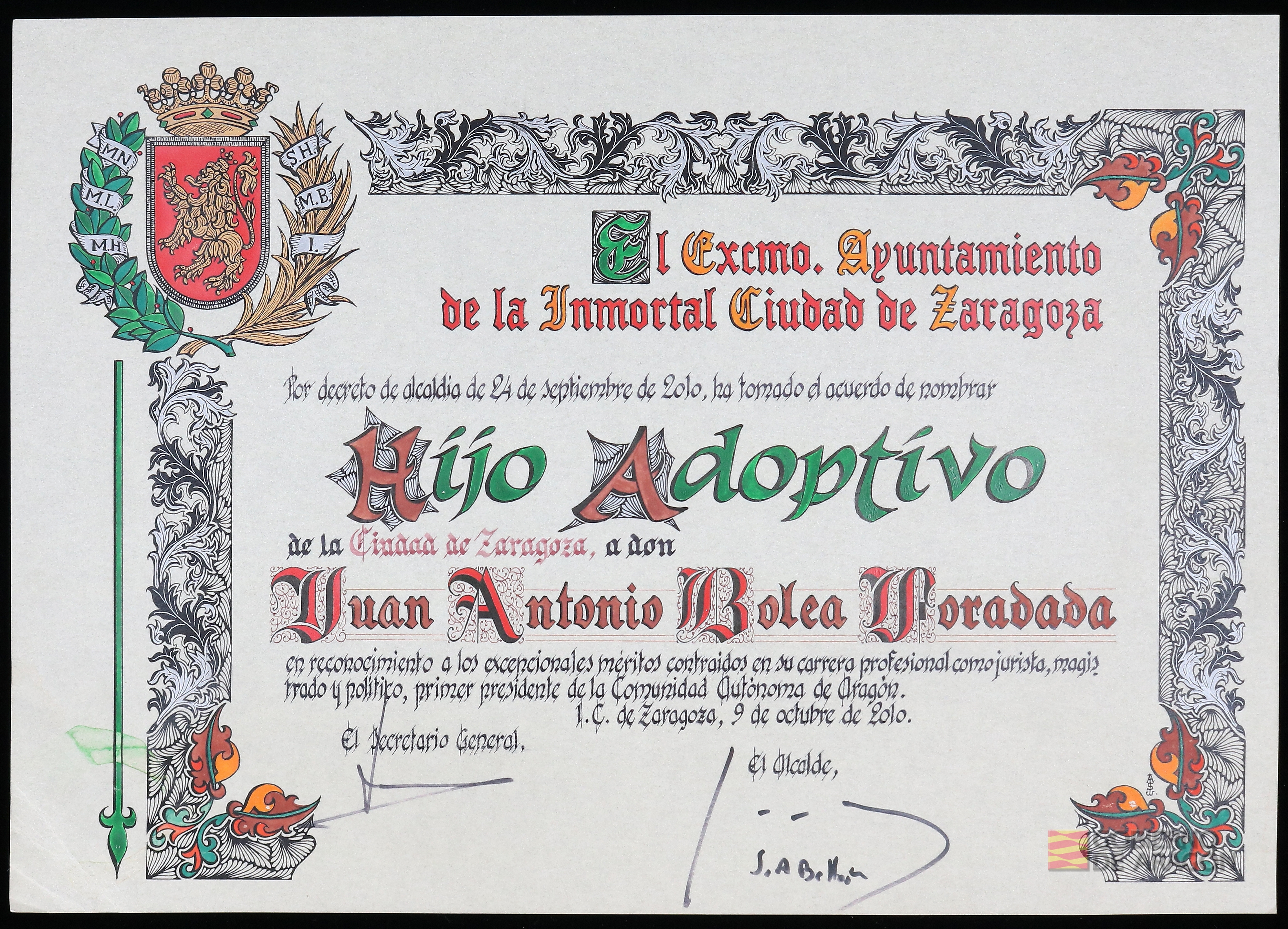 "Diploma de nombramiento a D. Juan Antonio Bolea Foradada como Hijo Adoptivo de la Ciudad de Zaragoza". Ayuntamiento de Zaragoza