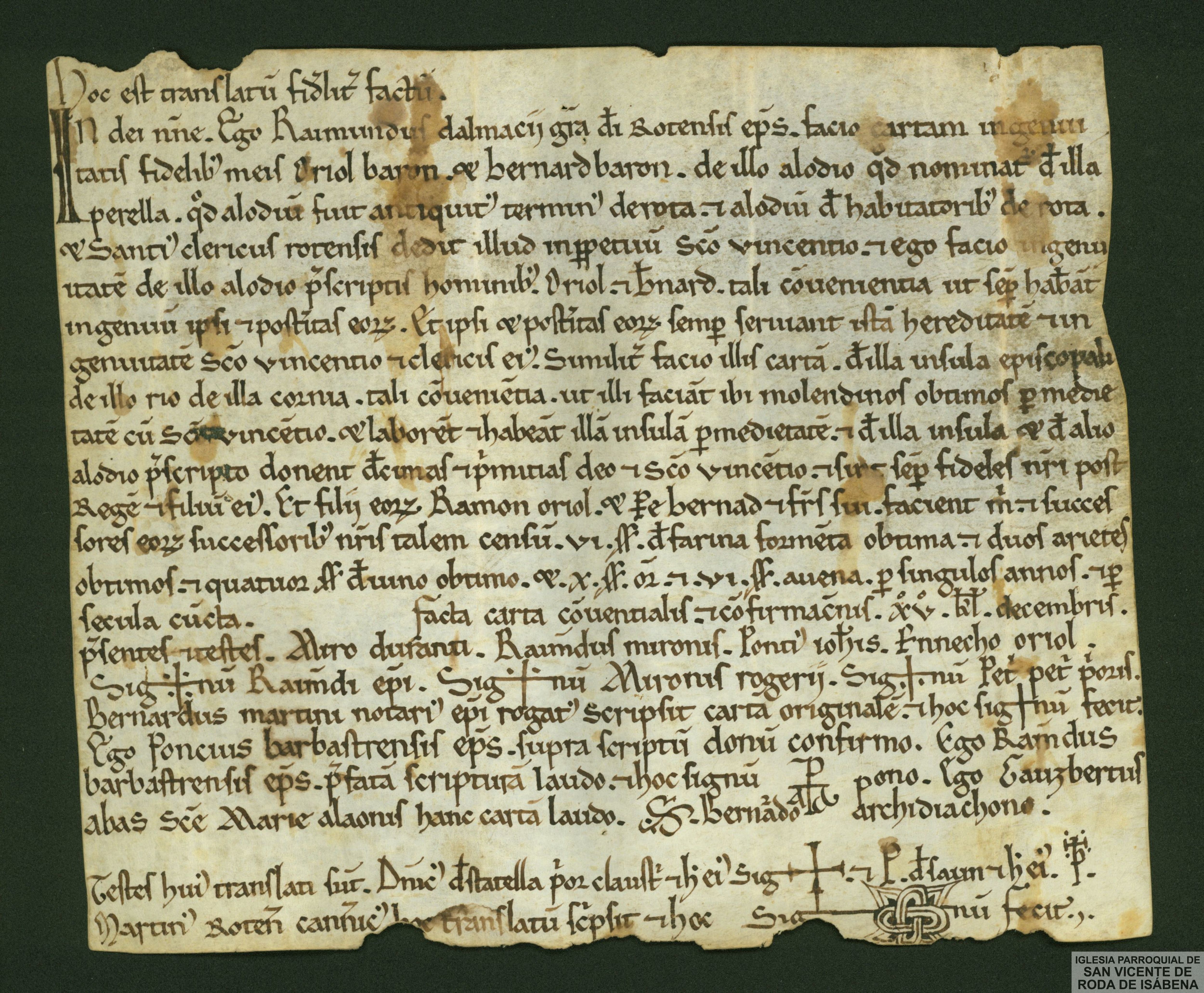 Carta de ingenuidad que el obispo Ramón Dalmacio otorga a Oriol Barón y Bernardo Barón por el alodio de La Perella y de la ínsula del río de Curva, en el término de Roda, donde deberán construir unos molinos a cambio de diezmos, primicias y un censo anual