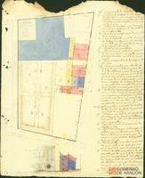 Plano del solar que ocupa la casa[-palacio del conde de Aranda], con dibujo de parte de la fachada, y edificios colindantes, en tres colores