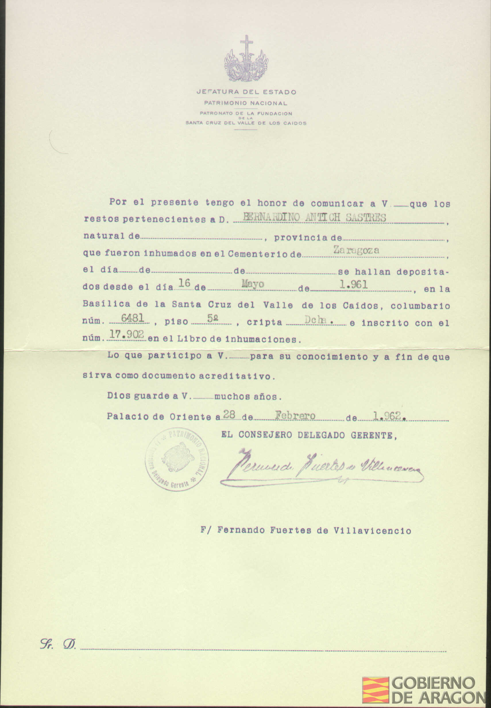 Traslado al Valle de los Caídos de los restos mortales de Bernardino Antich Sastres el día 16 de mayo de 1961
