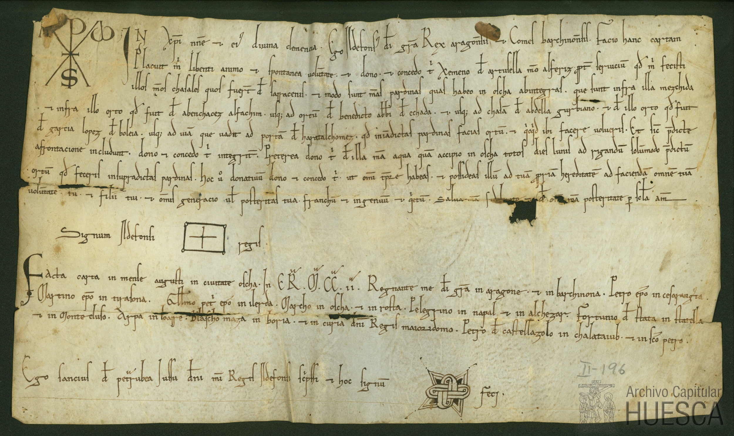 Alfonso II, rey de Aragón, dona a su alferiz Jimeno de Artusella unos casales que fueron de moros en Huesca y agua para regar