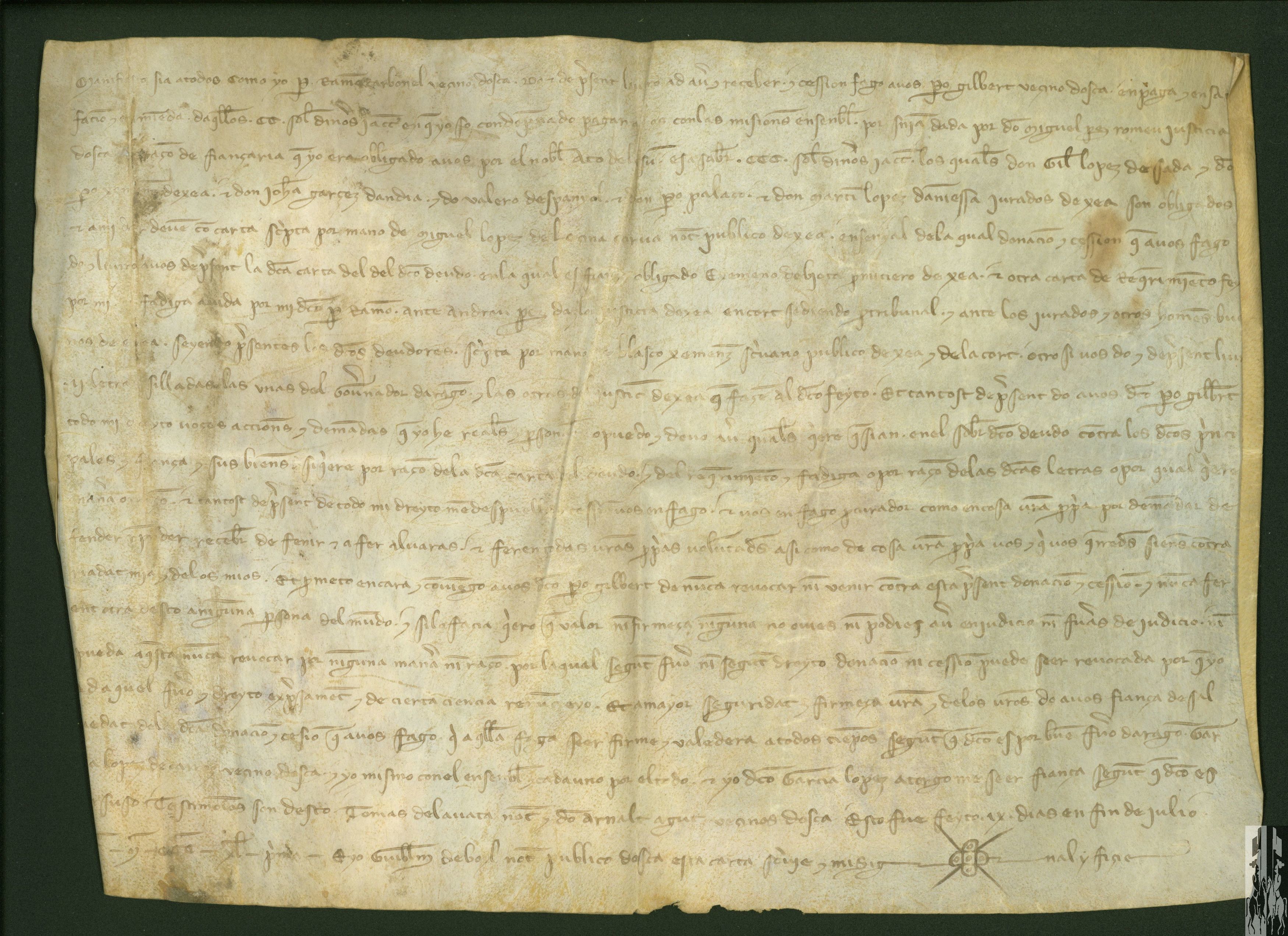 Ramón Carbonel traspasa a Pedro Gilbert, ambos vecinos de Huesca, una comanda de 300 sueldos jaqueses que le debía el concejo de Ejea, para satisfacerle la indemnización de 200 sueldos que le había impuesto el Justicia de Huesca