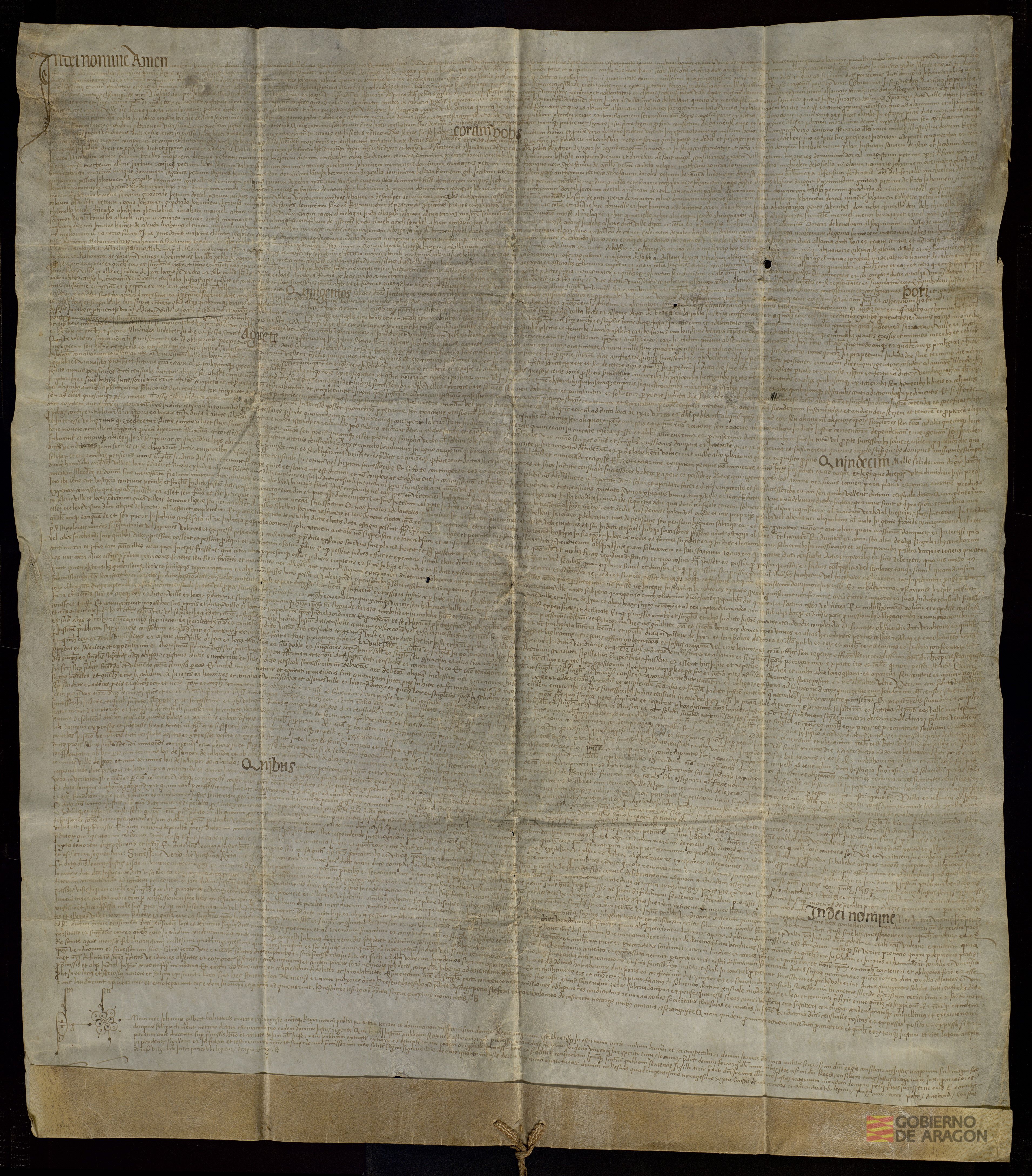 Sentencia de Juan Vicente, lugarteniente del Justicia de Aragón, en la causa existente entre la cofradía de Santa María de la Seo de Lérida, por una parte, y Juan de Híjar y sus vasallos de Híjar, Urrea de Gaén y La Puebla de Híjar, por la otra, sobre el pago de un censal de 500 sueldos jaqueses anuales