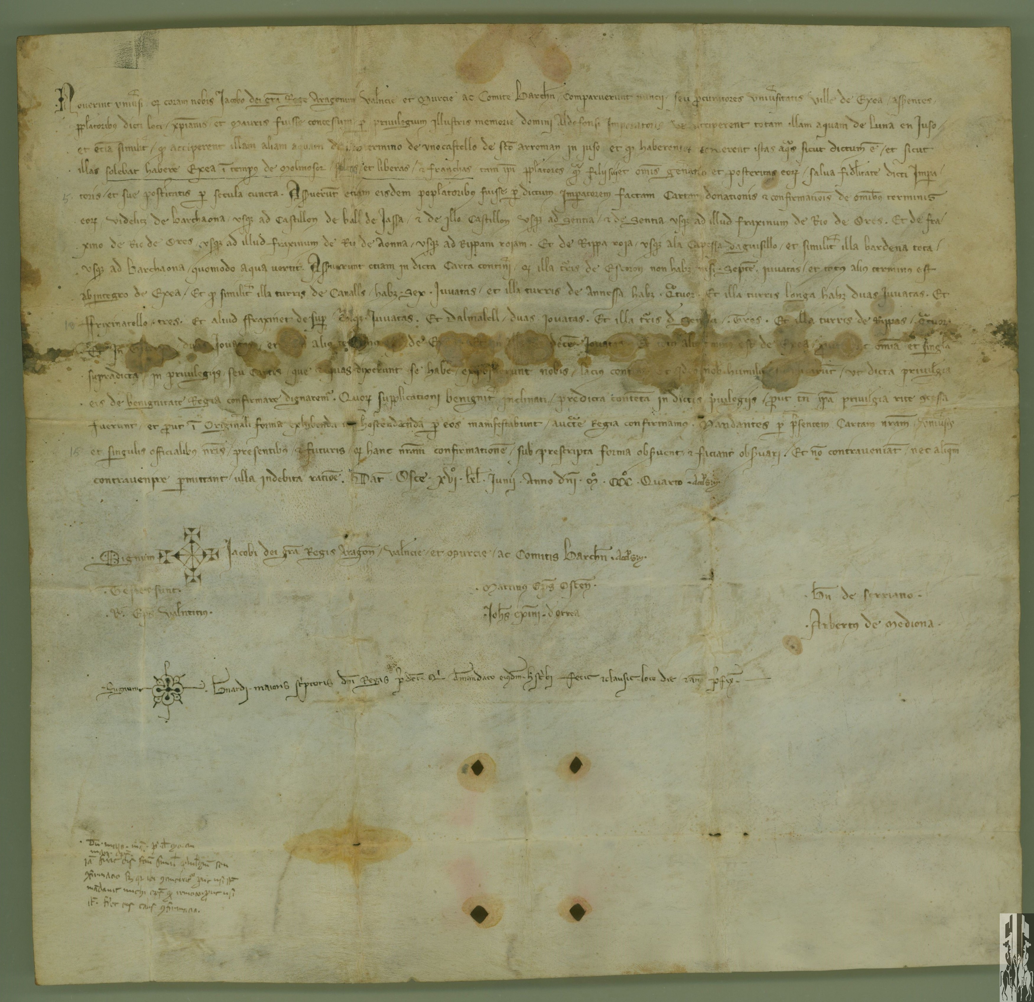 Jaime II, rey de Aragón, confirma los privilegios de Alfonso I por los que delimitaba los términos de la villa de Ejea, y le concedía el uso de las aguas desde Luna, Uncastillo y San Román hacia abajo.