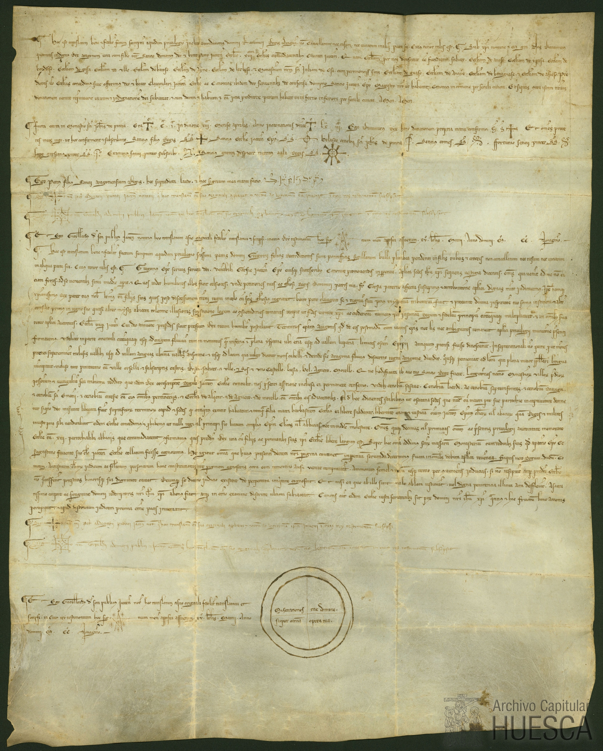 Copia de la donación de trece iglesias a San Pedro de Jaca por Ramiro I y de una bula confirmatoria de Gregorio VII.