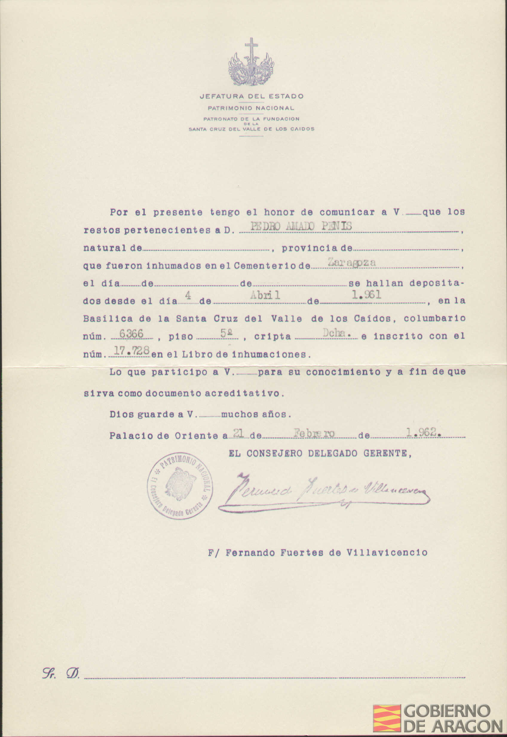 Traslado al Valle de los Caídos de los restos mortales de Pedro Amado Penis el día 4 de abril de 1961