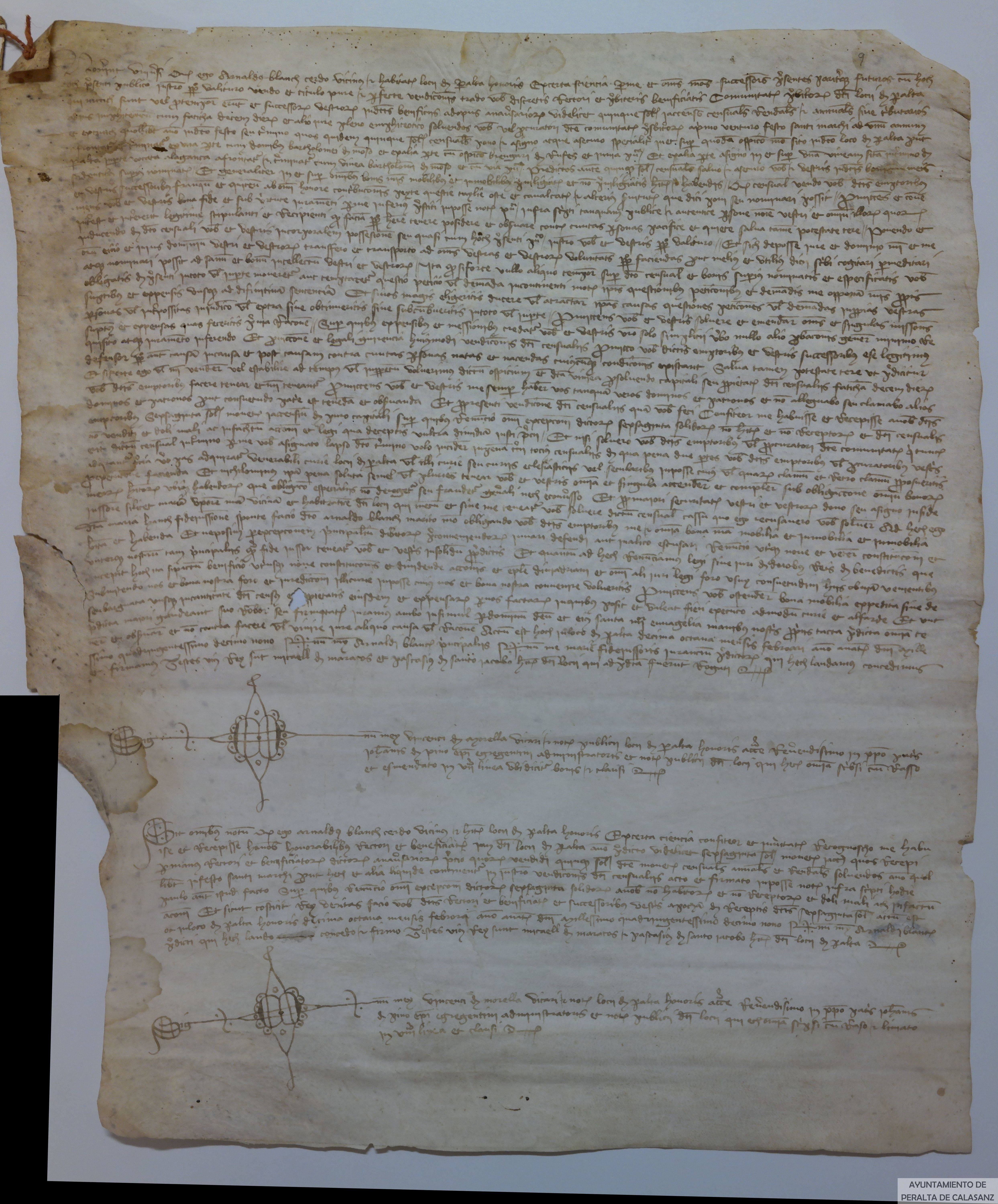 Arnaldo Blanc, habitante en Peralta de la Sal, vende a la comunidad de presbíteros de dicha villa un censo enfitéutico de 15 sueldos jaqueses anuales cargado sobre unas casas y sobre una viña en la partida de La Ganza, por precio de 60 sueldos.