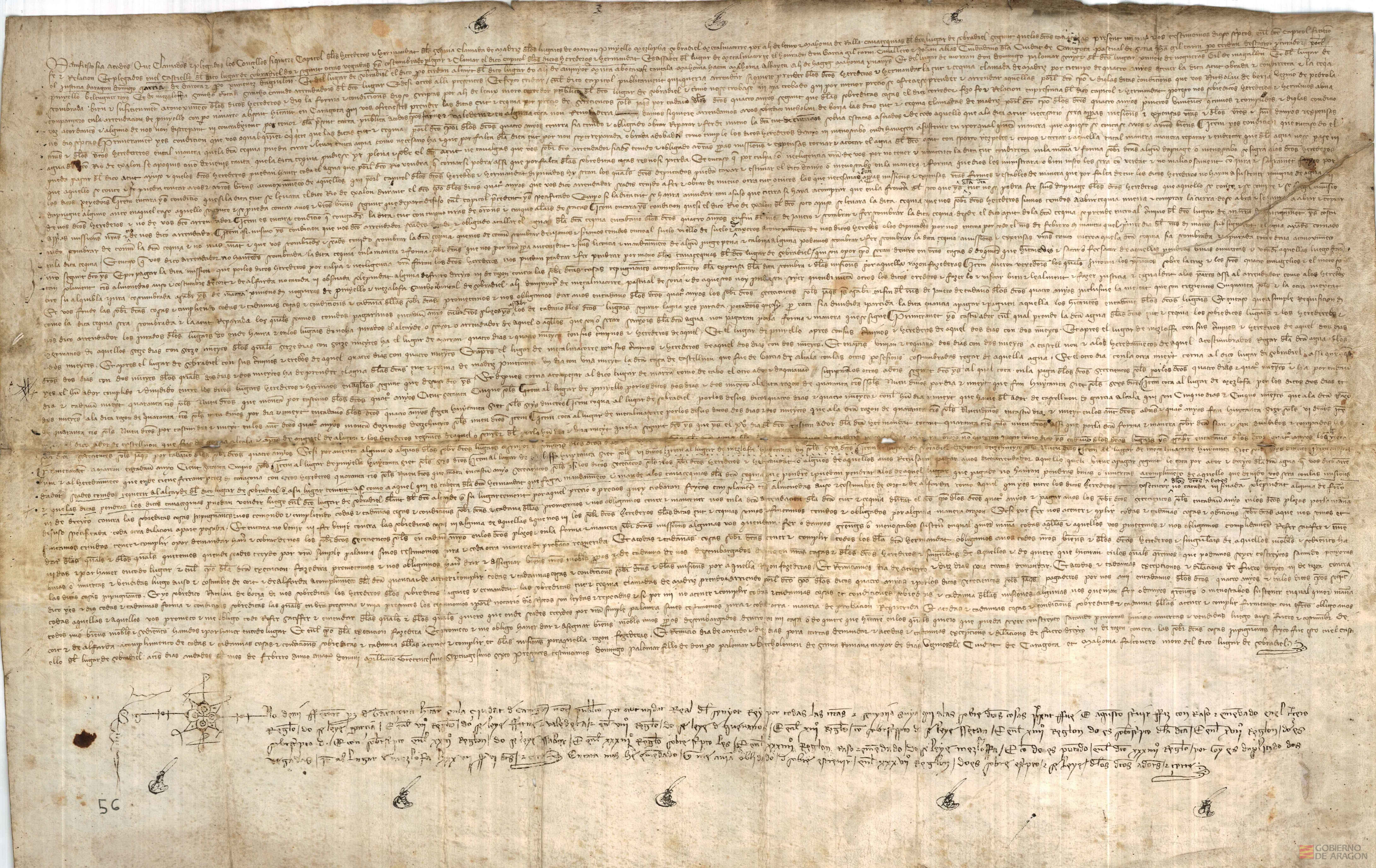 Carta de arrendación del azud y acequia llamada de Madriz,otorgada por parte de los Herederos y Hermandad de dicha acequia,a favor de Nicolás de Borja,vecino de Pedrola,durante cuatro años y por 700 sueldos jaqueses,según las condiciones establecidas en la misma