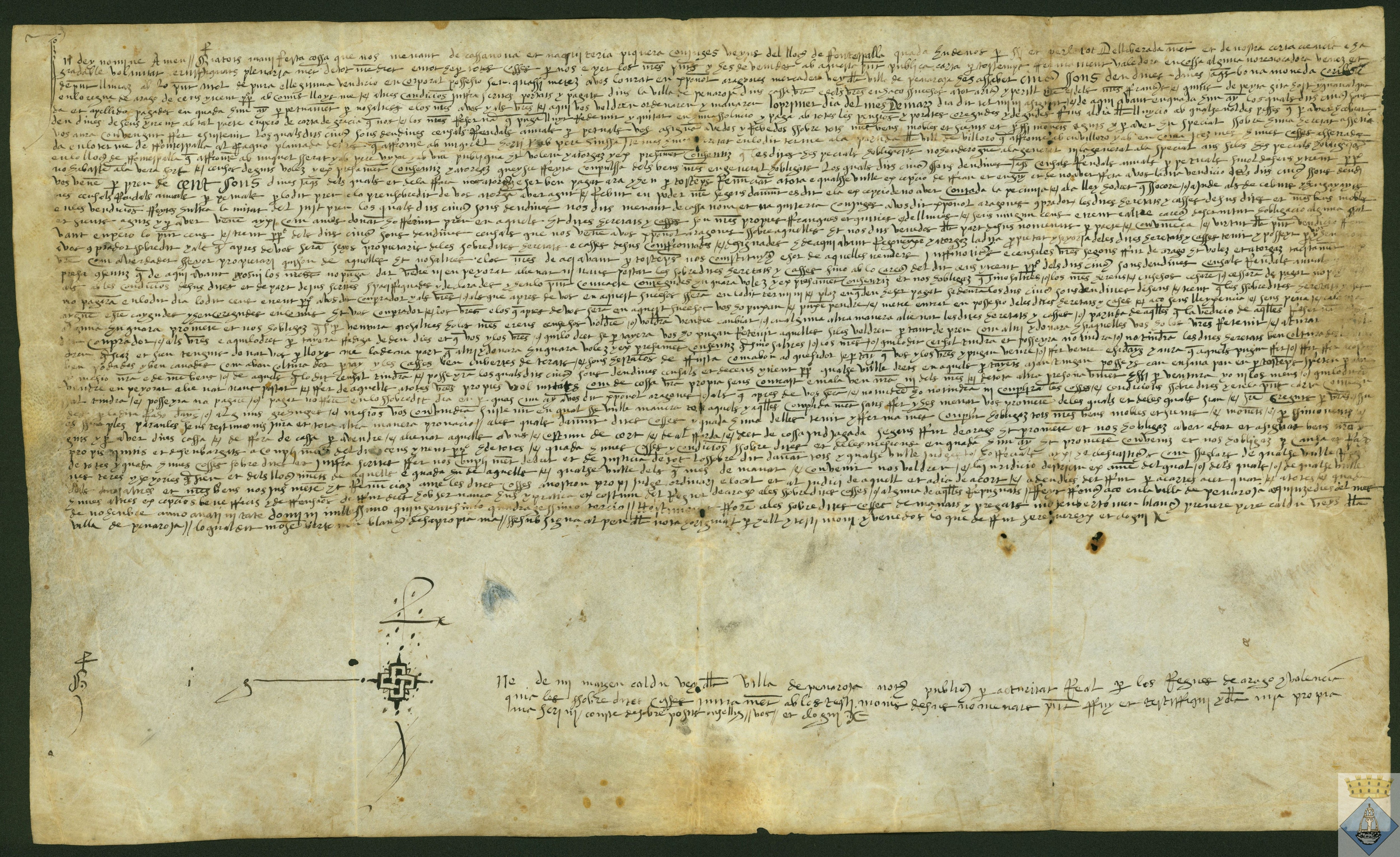 Venta de heredades de Hernán de Casanova y Quiteria Piquera, de Fuentespalda, a favor de Gonzalo Español, mercader de Peñarroya, con censal de 5 sueldos y 10 dineros anuales