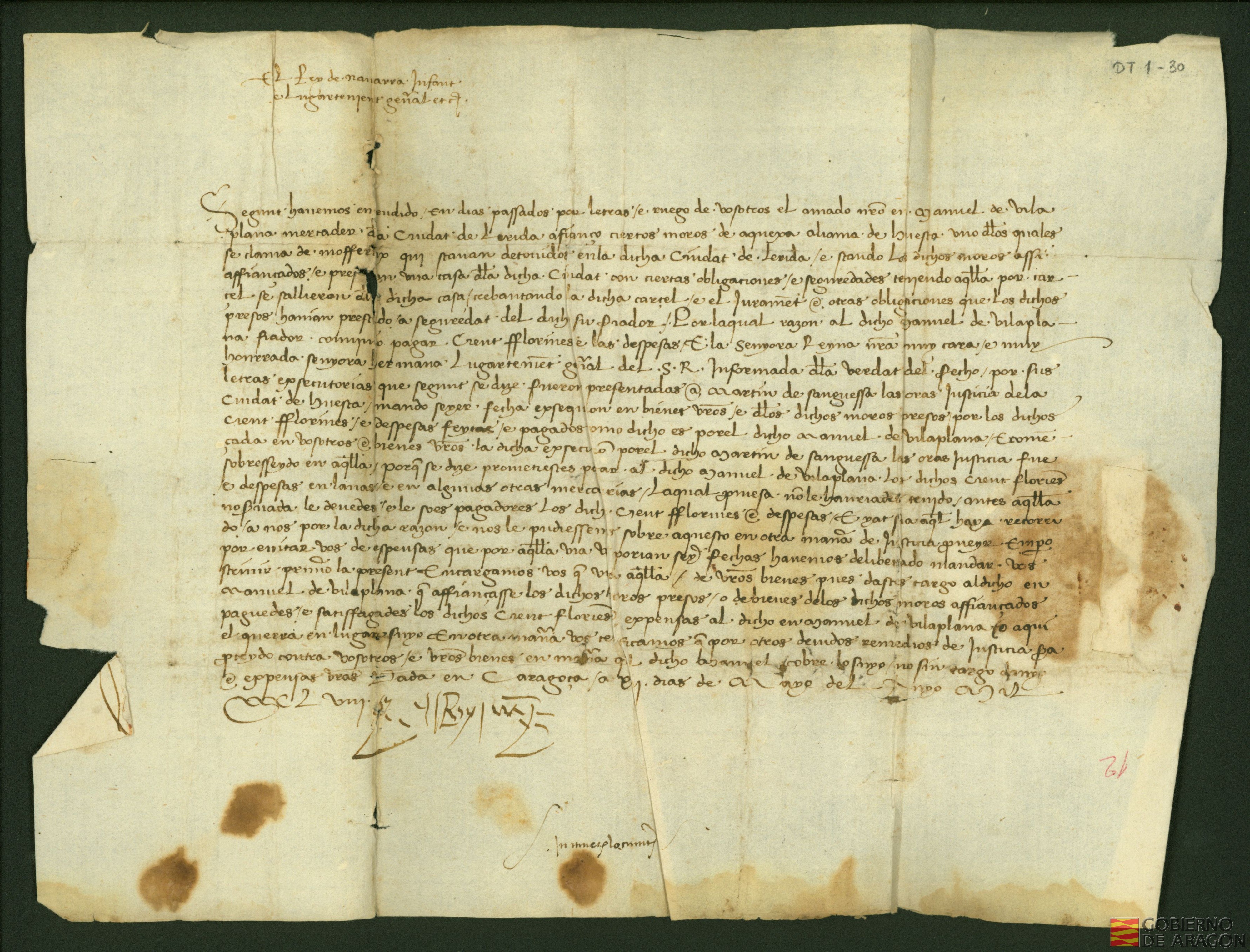 Juan II, rey de Aragón, escribe a la aljama de moros de Huesca para que paguen a Manuel de Vilaplana, mercader de Lérida, los 100 florines de oro que había tenido que pagar por unos unos moros de dicha aljama que él había asegurado y se escaparon de la prisión.