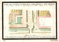 Plano que manifiesta una parte de la torre, boquera y baño propio de Don José Ballesteros, confrontante con torre del Capítulo de San Pablo y Acequia de las Adulas