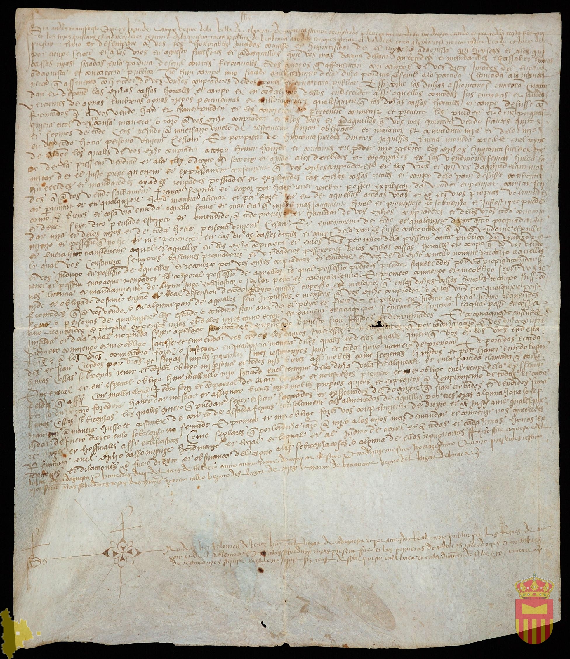 Carta de venta por la que Juan de Campo, vecino de Alquezar, vende al Concello y jurados de Adahuesca unas casas situadas en la pardina de Sevil con tres ferrianales, y un campo, por ochenta sueldos jaqueses