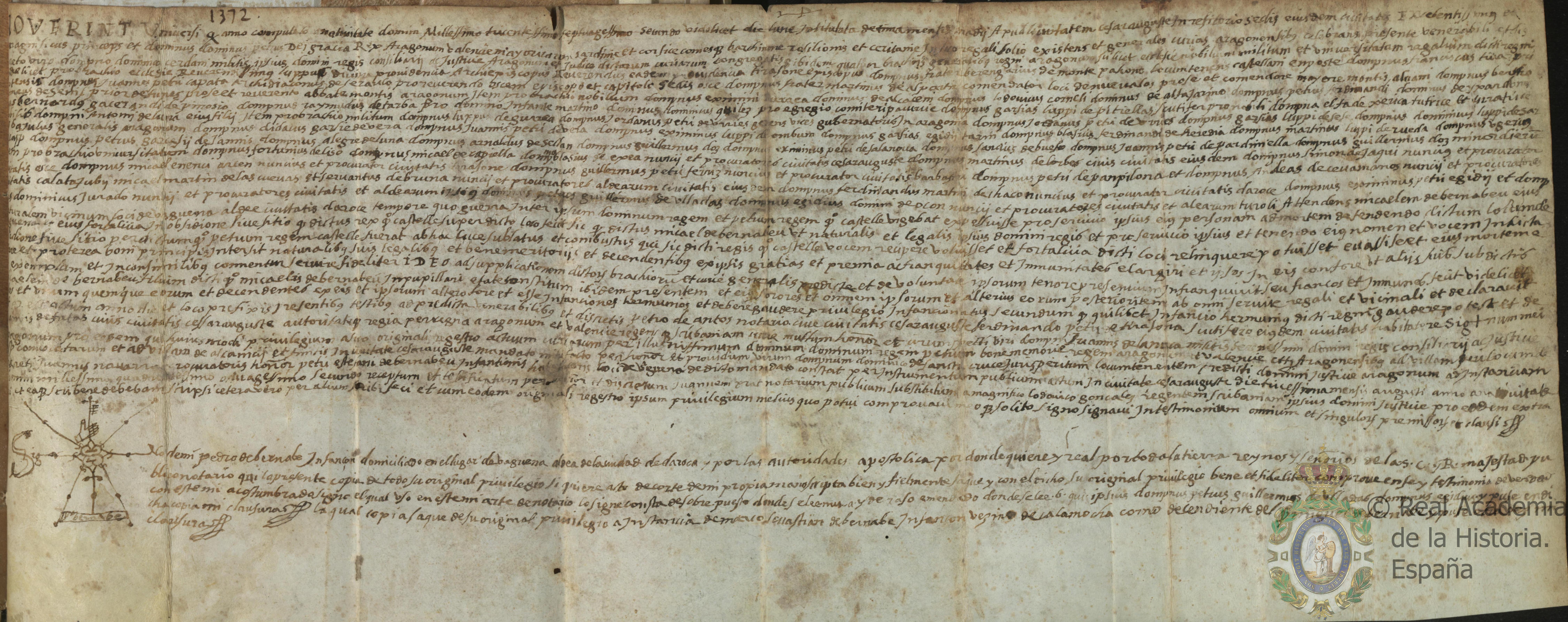 Privilegio de Pedro IV, rey de Aragón, concedido ante las Cortes generales del reino de Aragón, por el que otorga la infanzonía a la descendencia del difunto Miguel de Bernabeu, vecino de Báguena, por su comportamiento heróico durante la defensa del castillo de Báguena ante las tropas de Pedro I, rey de Castilla.
