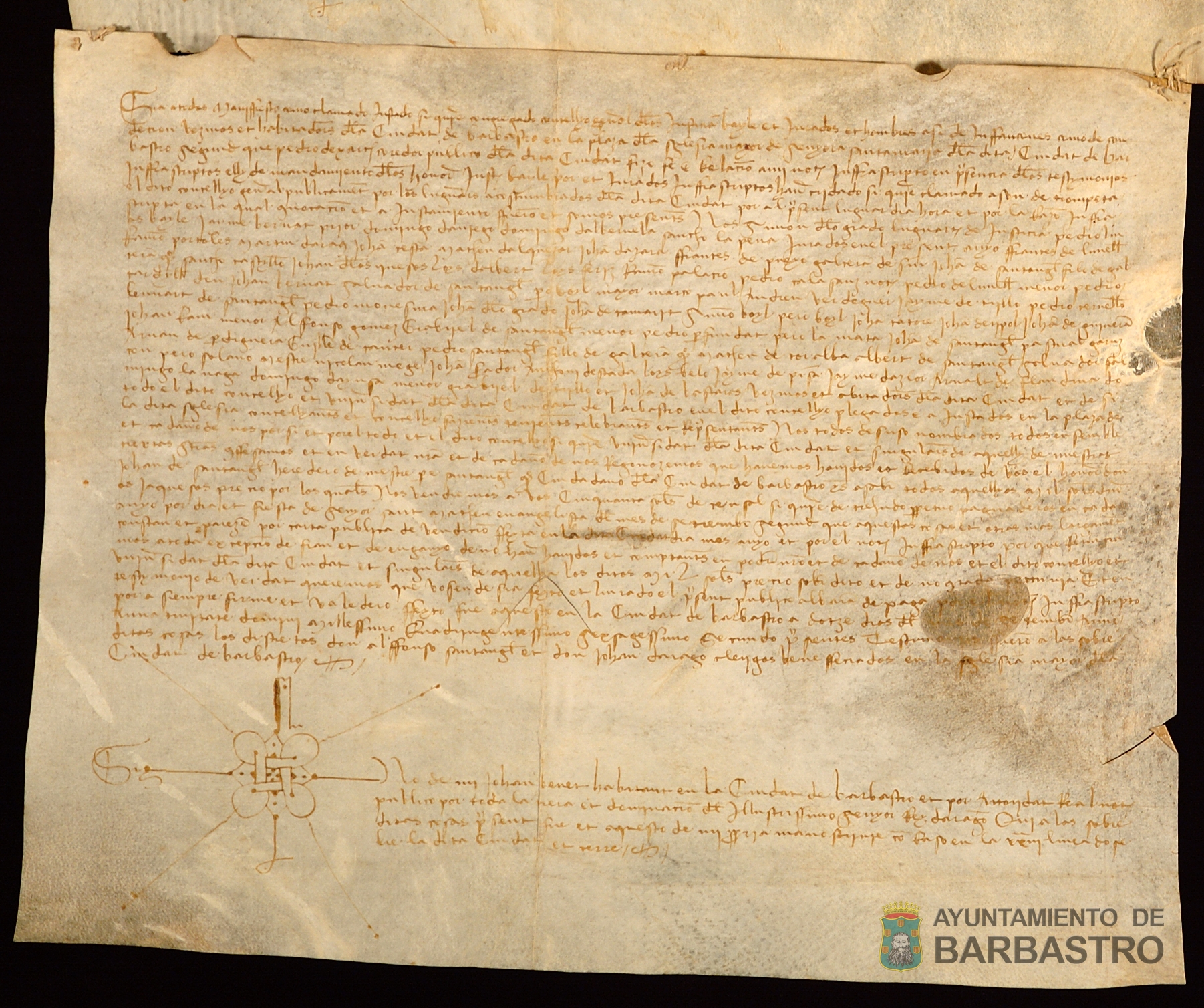Censal vendido por el Concejo de Barbastro a Juan de Santangel, alias de Lunel, heredero del difunto mestre Pedro de Santangel, de 50 sueldos de pension anual pagadera el dia de San Mateo evangelista por precio o suerte principal de 1000 sueldos jaq.