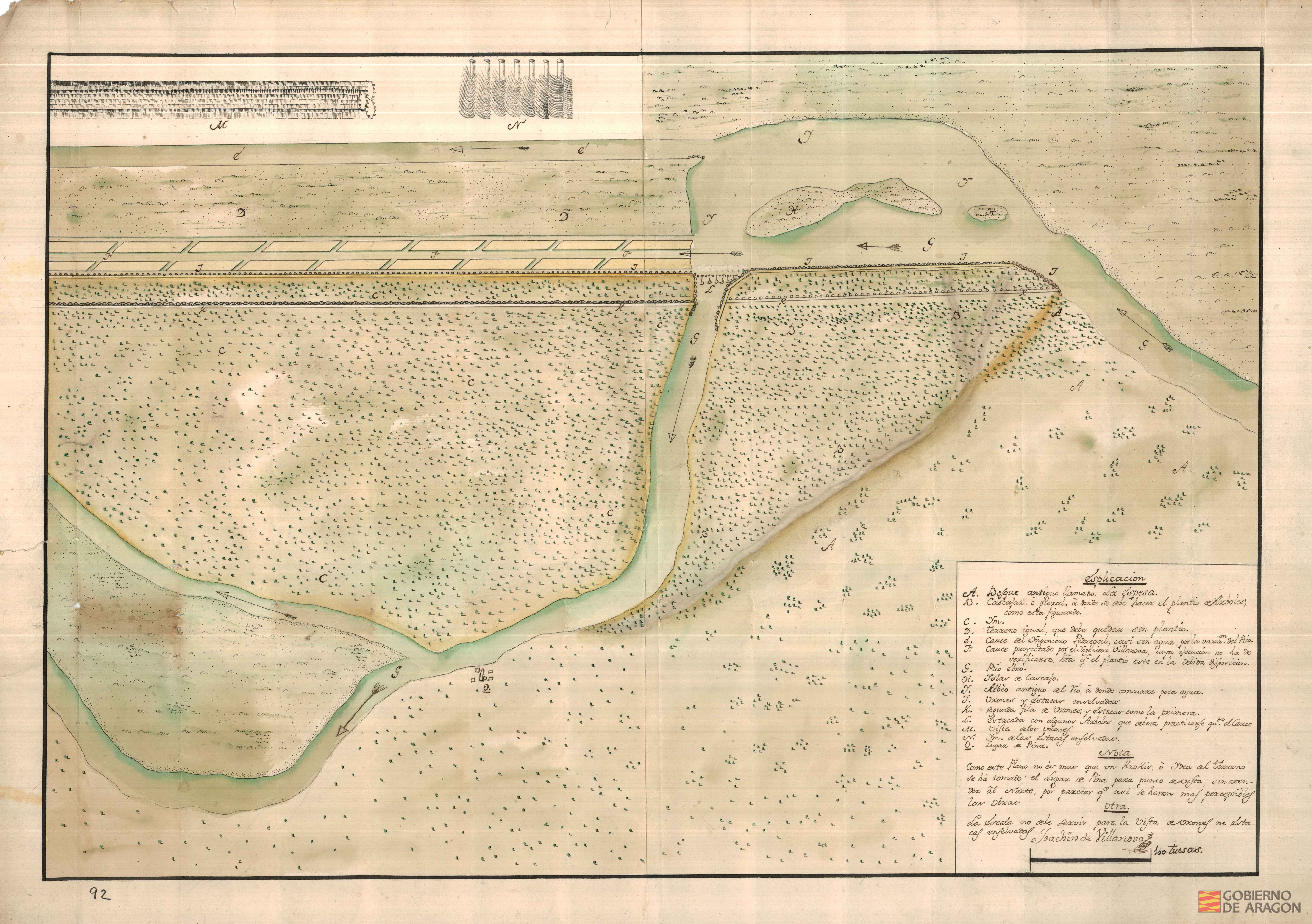 Plano de las inmediaciones de la villa de Pina, con el río Ebro y el bosque llamado La Espesa. Firmado por Joaquín de Villanova. Pina de Ebro (Zaragoza)