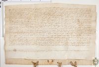 El Gobernador, Justicia, y Baile General de Aragón, comisionados por Pedro IV para conseguir recursos con los que subvenir a la guerra de Cerdeña, según se indica el mandato regio hecho en Alguer el anterior 6 de agosto, reciben 80 cahíces de trigo del concejo de Almudévar, y reconocen que por esta entra graciosa y libre no se alteran y anulan los privilegios anteriormente concedidos a la villa