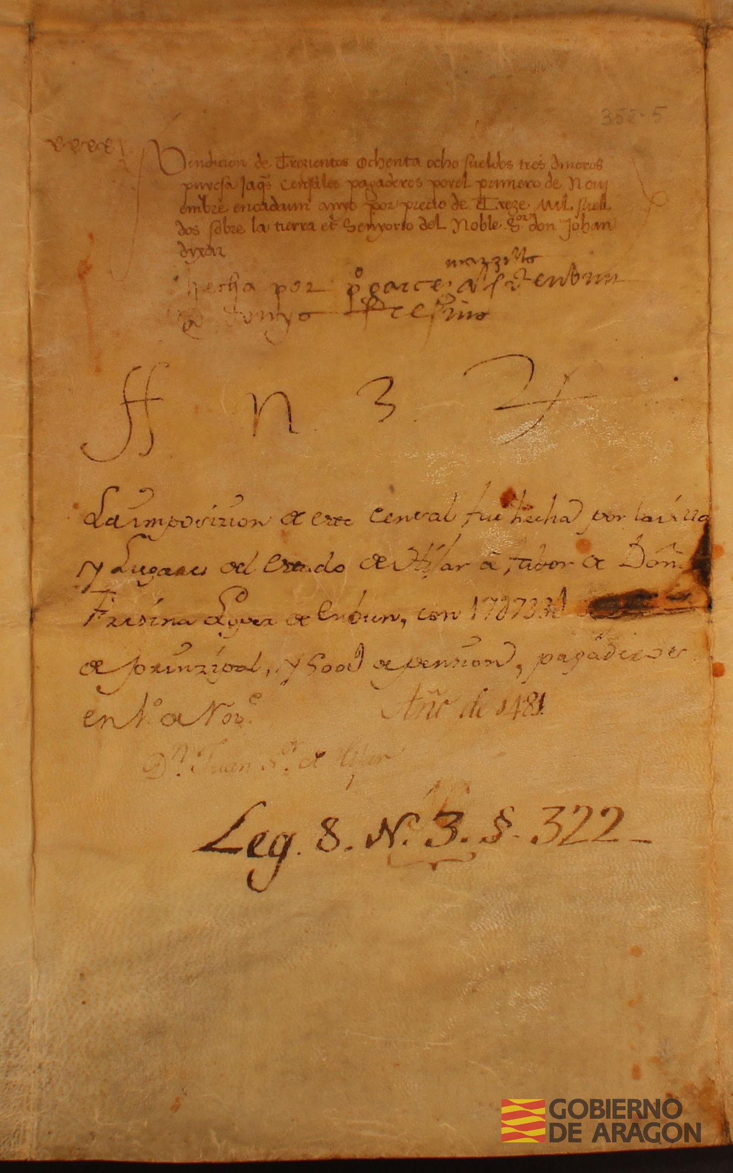 Venta de un censal, cargado sobre los bienes de Híjar, La Puebla de Híjar y Urrea de Gaén, otorgada por Pedro Garcés de Marcilla, alias de Embún, infanzón de Zaragoza, en favor de Jaime de Montesa, sabio en derecho, ciudadano de Zaragoza, por 13000 sueldos jaqueses. Ante Domingo de Cuerla, notario público de Zaragoza.