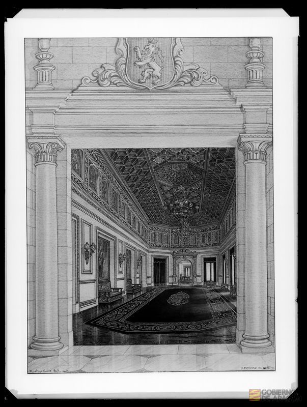 Dibujo del interior de un salón del Ayuntamiento de Zaragoza firmado por el arquitecto Miguel Angel Navarro