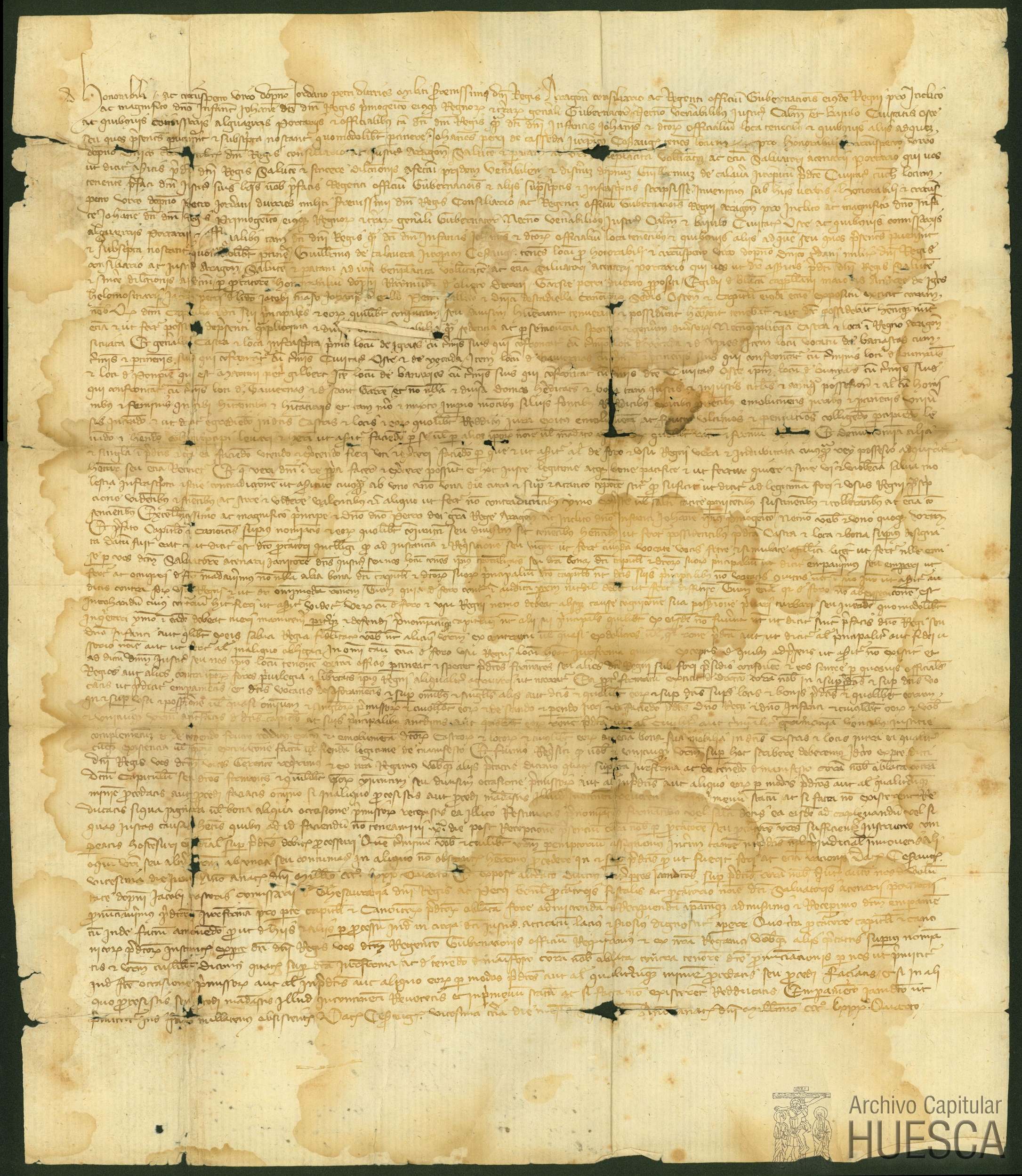 Jurisfirma expedida por Jordán Pérez de Urriés, lugarteniente del Justicia de Aragón, a instancia del cabildo de la catedral de Huesca, debido a la ocupación que el infante Martín y el rey Pedro IV habían hecho de algunos lugares pertenecientes al dominio capitular