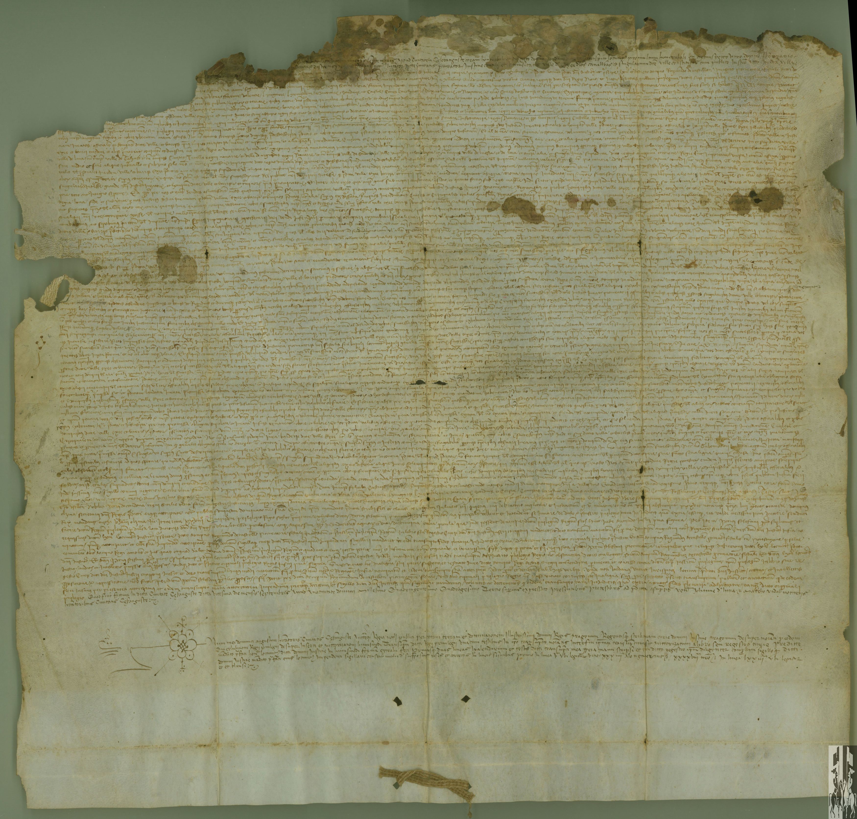 Traslado autorizado de un privilegio de Alfonso V, rey de Aragón, por el que concede a la villa de Ejea que nunca será separada del patrimonio real en tanto que cabeza de junta