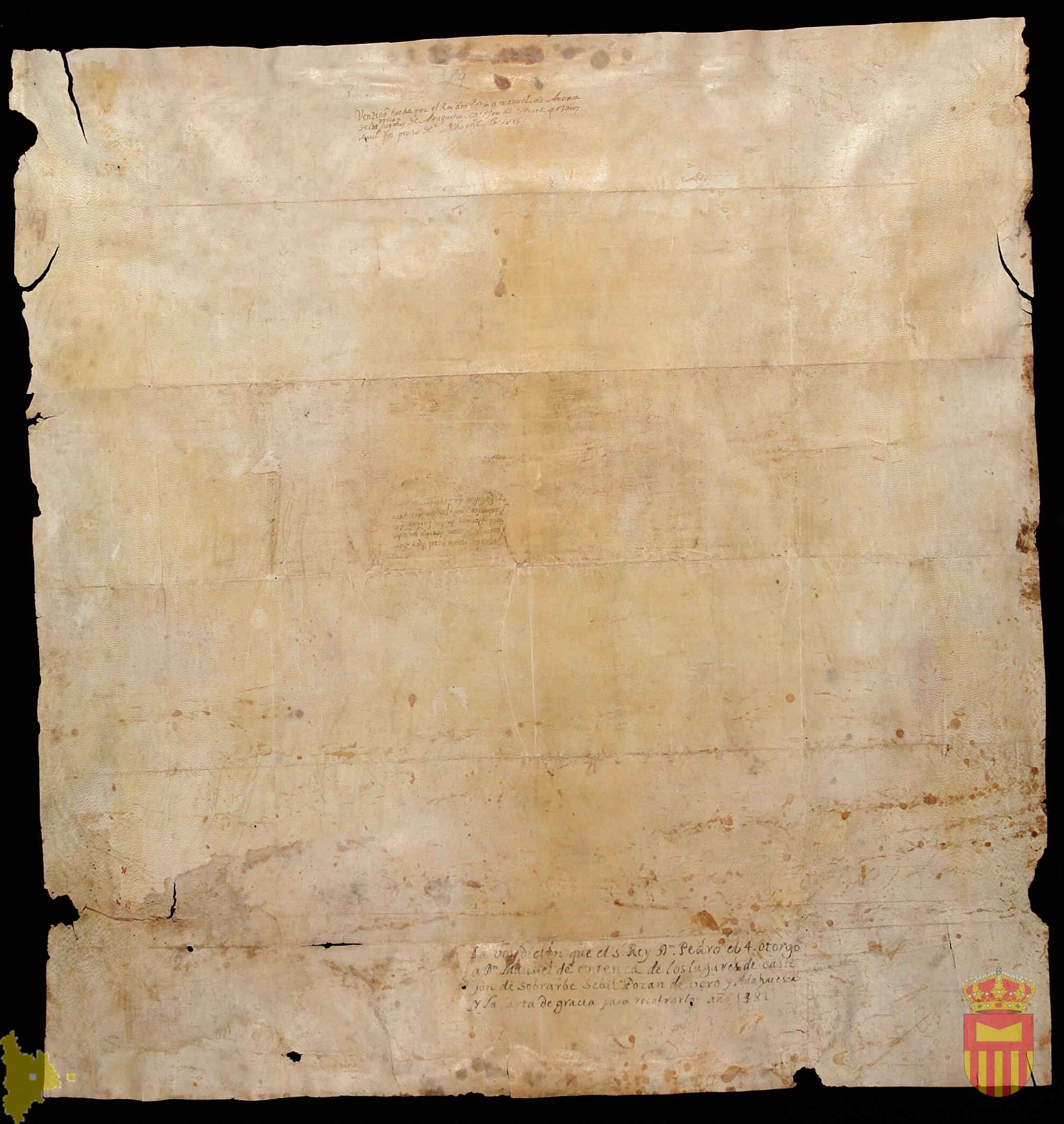 Traslado notarial de Antonio Viladamor del privilegio de Pedro IV por el que vende a Manuel de Entença Pozán de Vero, Castejón de Sobrarbe, Adahuesca y Sevil en 29 de julio de 1381 por precio de 8000 florines.
