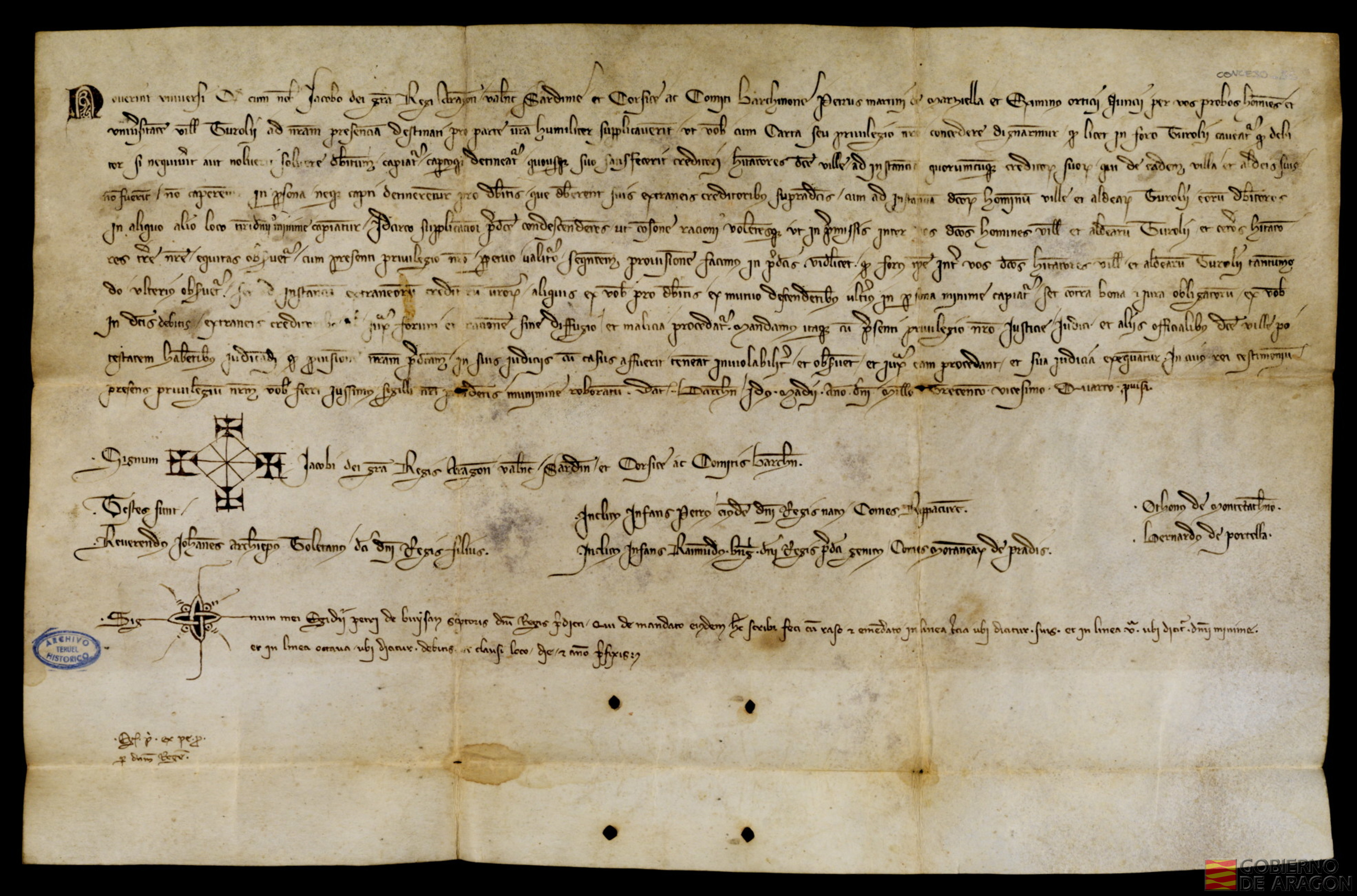 Real privilegio del Rey Jaime II por el que según el fuero, el deudor que no pudiera o no quisiera pagar su deuda fuero preso hasta satisfacer a su acredor, a suplicación de los procuradores concede que nadie de la villa o aldeas de Teruel pueda ser preso por deudas a gentes extrañas a dicha villa y comunidad