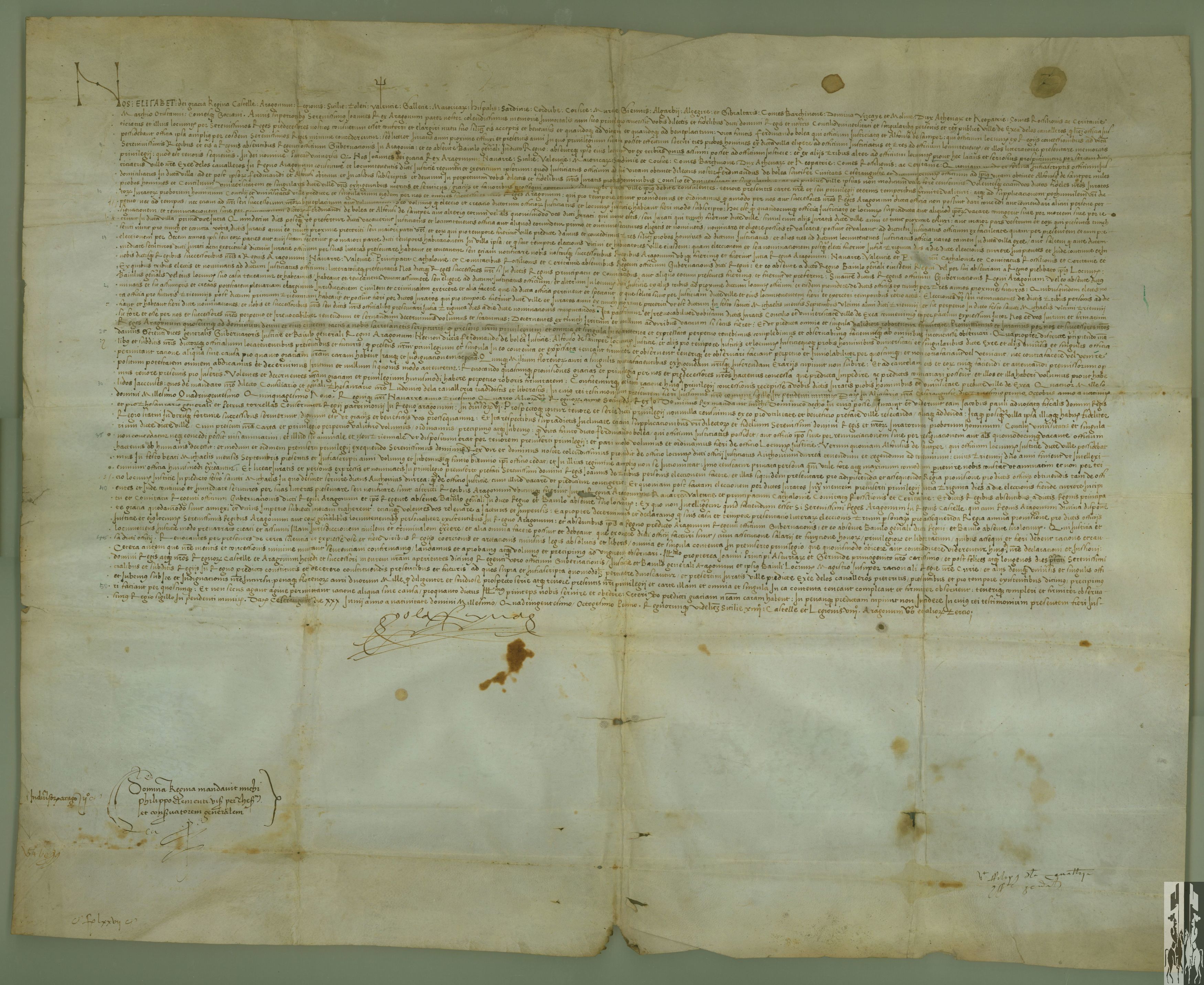 Isabel I de Castilla concede a Ejea un privilegio, que confirma uno anterior de Juan II, por el que se establece que no se pueda nombrar vitaliciamente el cargo de Justicia de la villa, sino que sea siempre de elección anual.