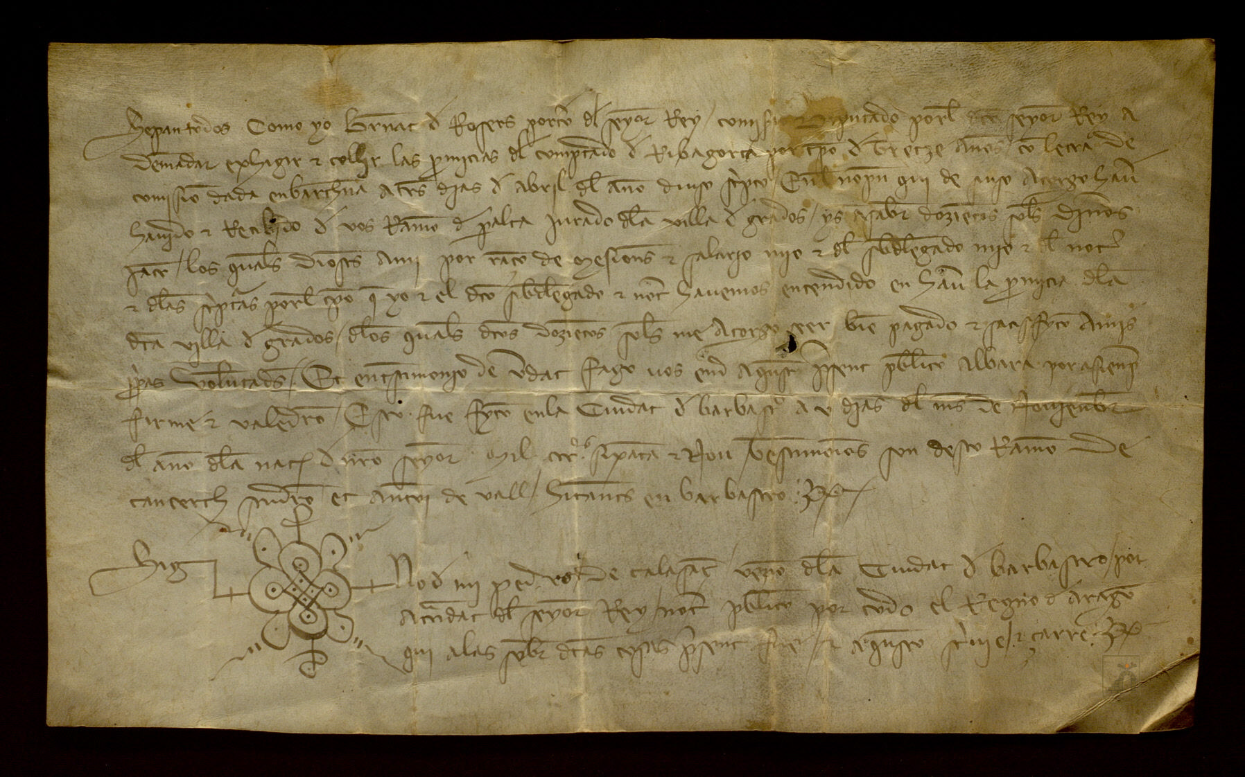 Bernardo de Rogers, recaudador de la primicia en el condado de Ribagorza en nombre de Pedro IV, reconoce recibir de Ramón de Peralta, jurado de Graus, 200 sueldos jaqueses que la villa le debía en concepto de salarios