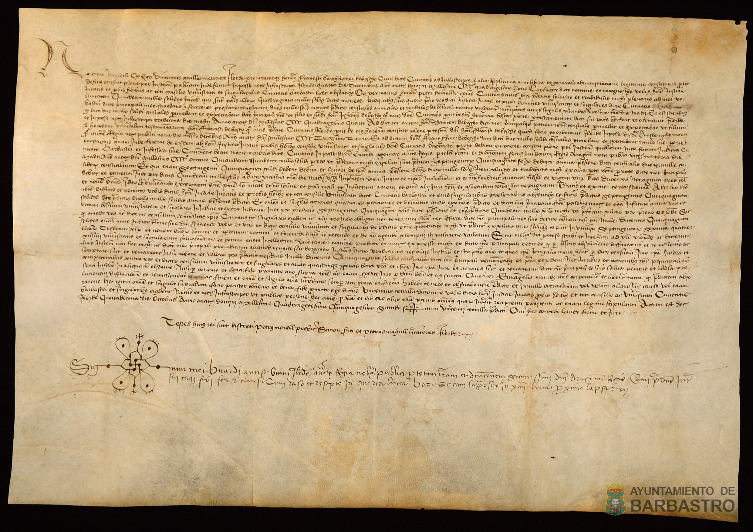 Francisco Bartolome de Boscho, ciudadano de Lerida, reconoce haber recibido del Concejo de Barbastro 15.000 sueldos jaqueses de los 40.000 de la suerte principal de un censo de 2000 sueldos de pension anual