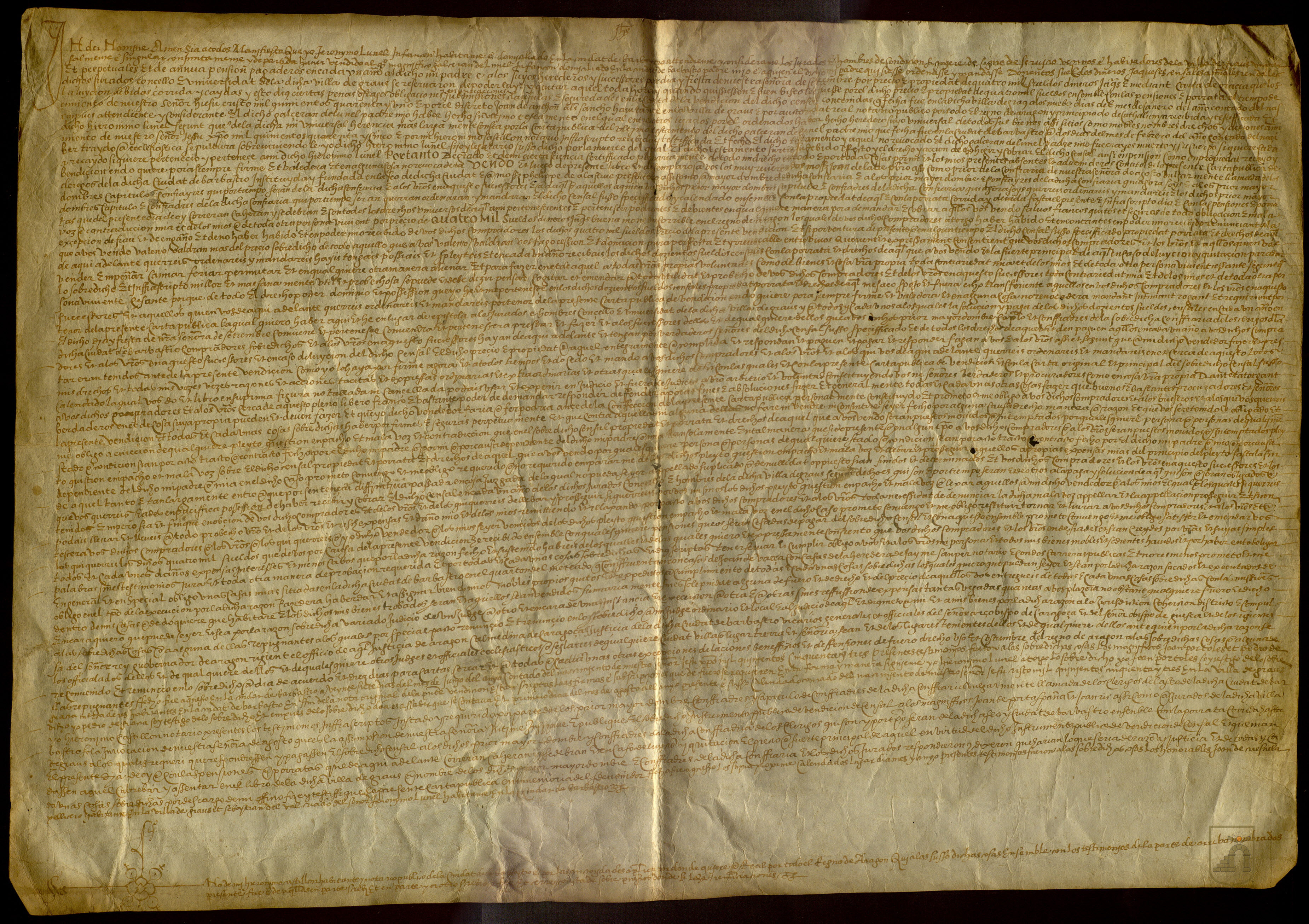 Jerónimo Lunel, infanzón de Barbastro, revende a Juan de Latre, prior de la cofradía de Nuestra Señora de Agosto, vulgarmente llamada de los clérigos, de la ciudad de Barbastro, el censal de 200 sueldos jaqueses anuales y 4.000 sueldos de propiedad que el concejo de Graus había vendido a su padre, Galcerán de Lunel, infanzón