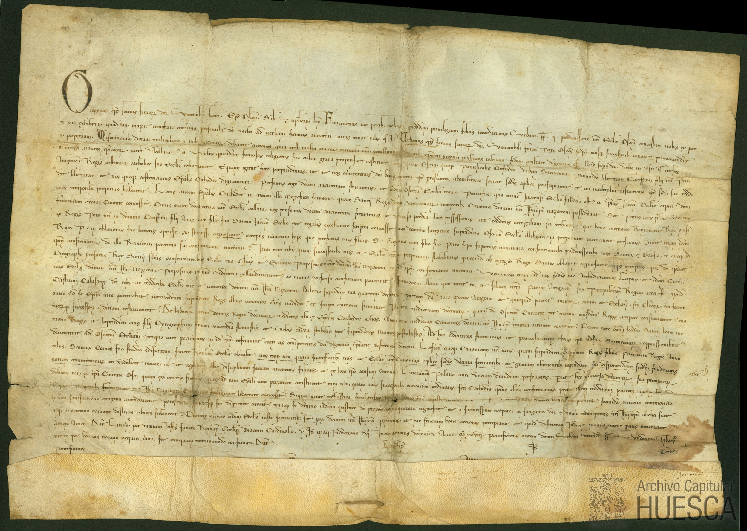 El papa Urbano II establece que la iglesia de Jaca y su diócesis dependan en delante de la de Huesca, confirma la donación de la mezquita para catedral, hecha por Pedro I, y el convenio sobre la precepción de los diezmos de Huesca entre el obispo Pedro y Jimeno, prepósito de Montearagón, y encomienda el régimen de la canónica de Lasieso al obispo y canónigos oscenses